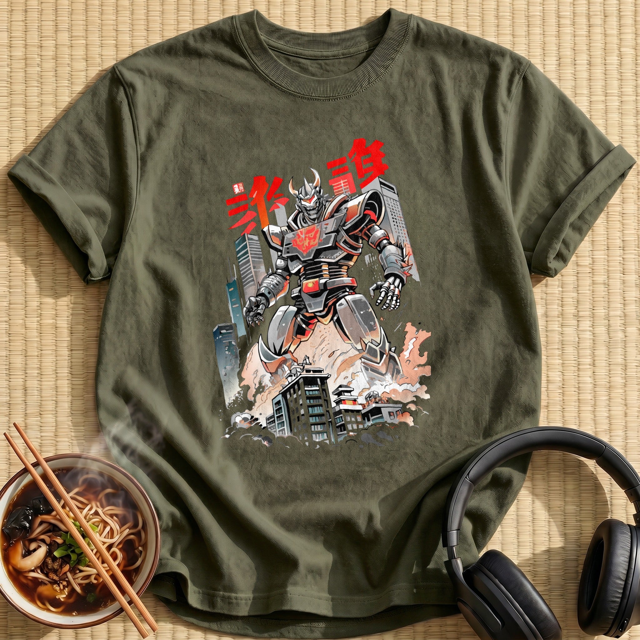 Giant Mecha Robot Destroying City Skyline - Military Green