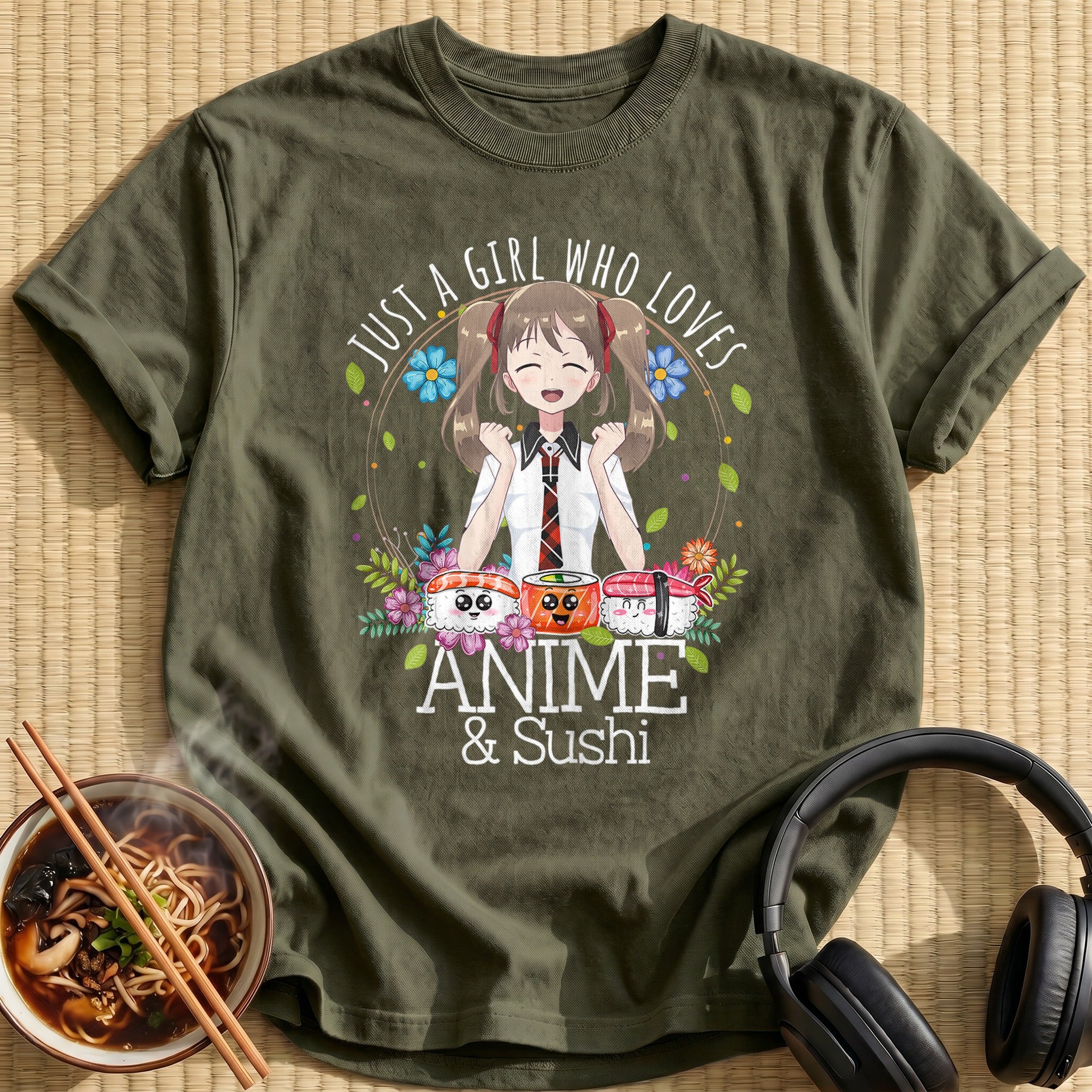 Girl Loves Anime And Sushi - Military Green