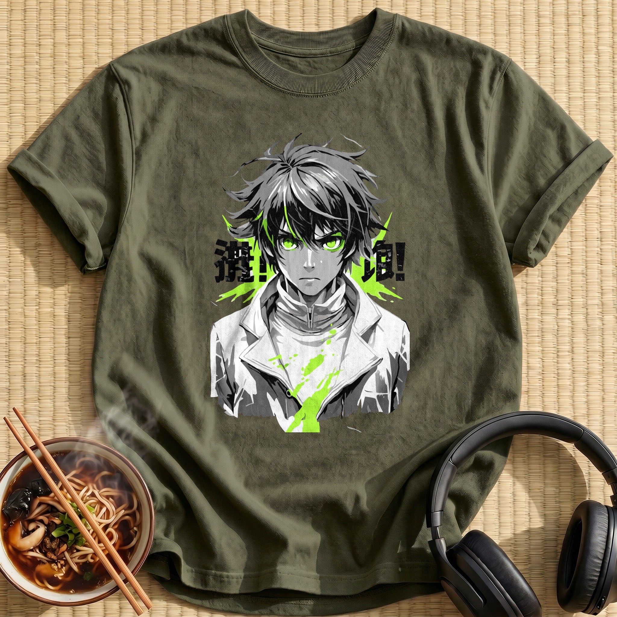 Green Eyed Anime Boy Monochrome Portrait - Military Green