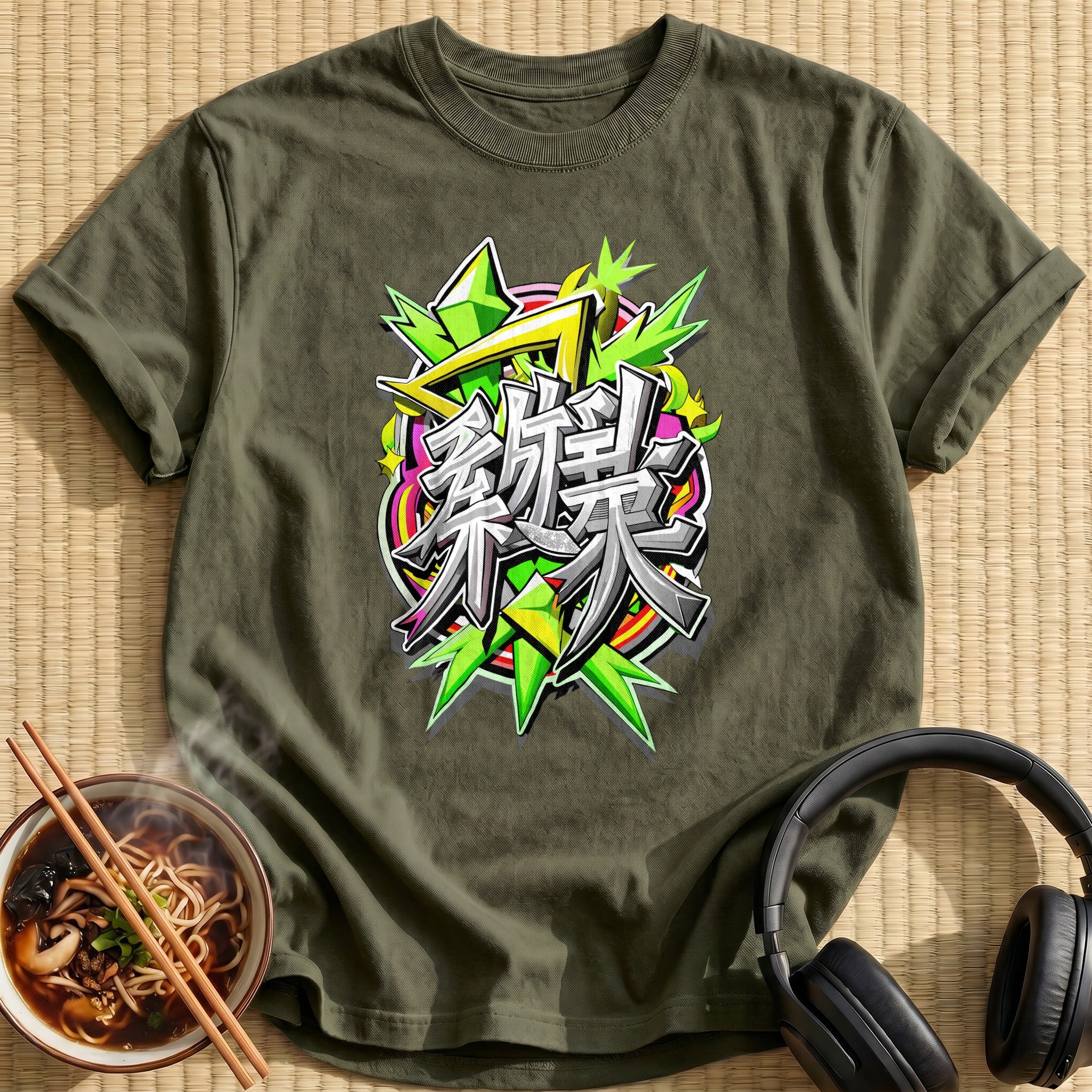 Green Graffiti Japanese Kanji Lettering Art - Military Green