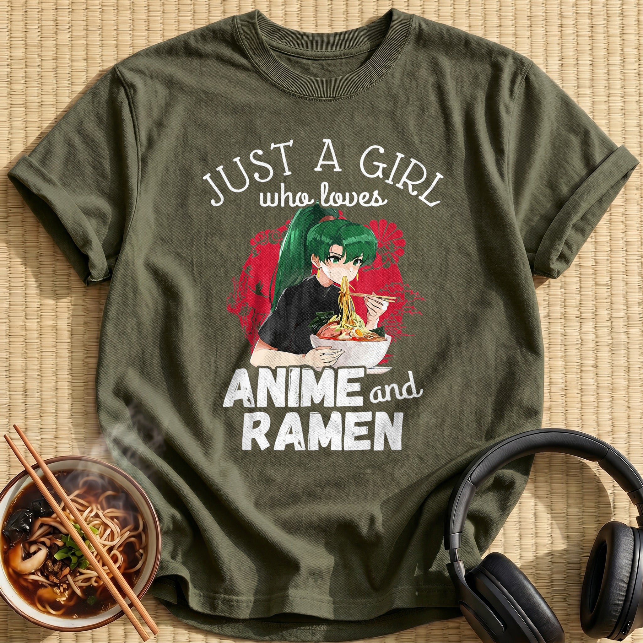 Green Ponytail Girl Eating Ramen - Military Green