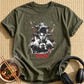 Heroic Samurai Warrior Pagoda Ink Portrait - Military Green