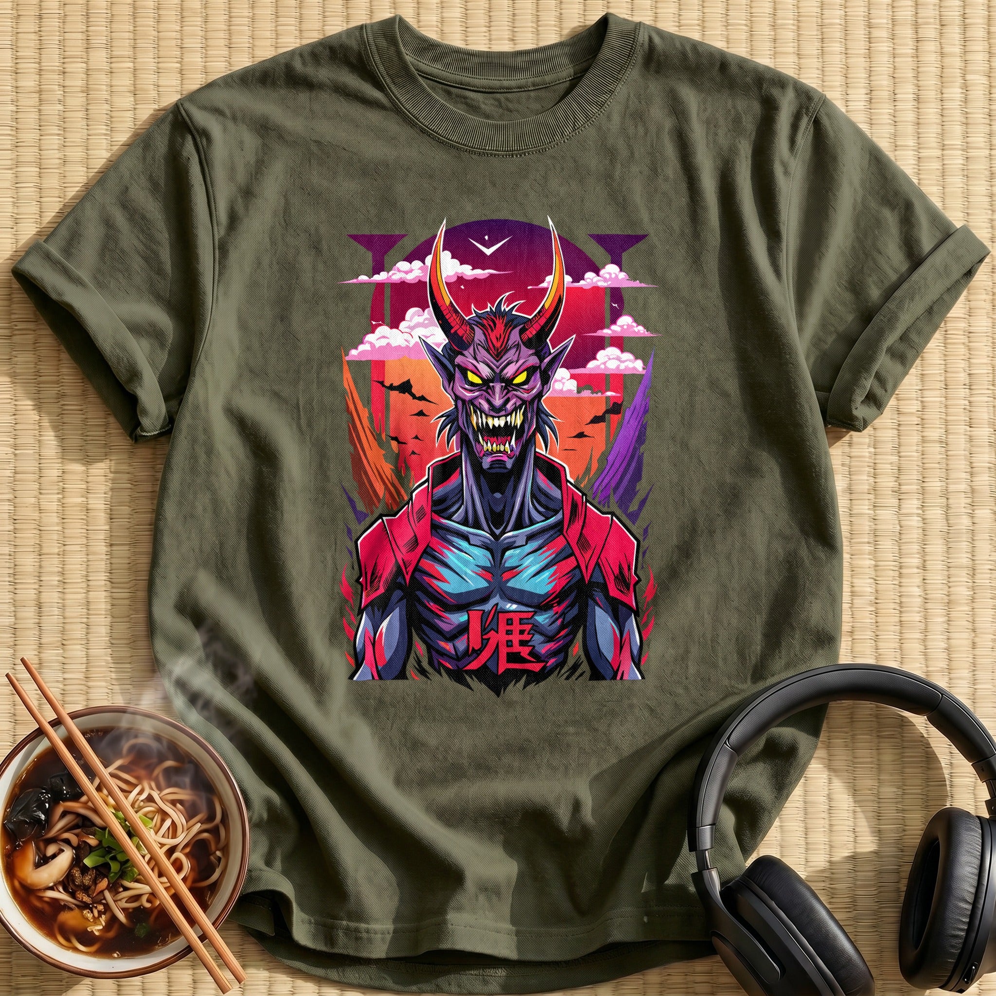 Horned Red Demon Sunset Portrait - Military Green