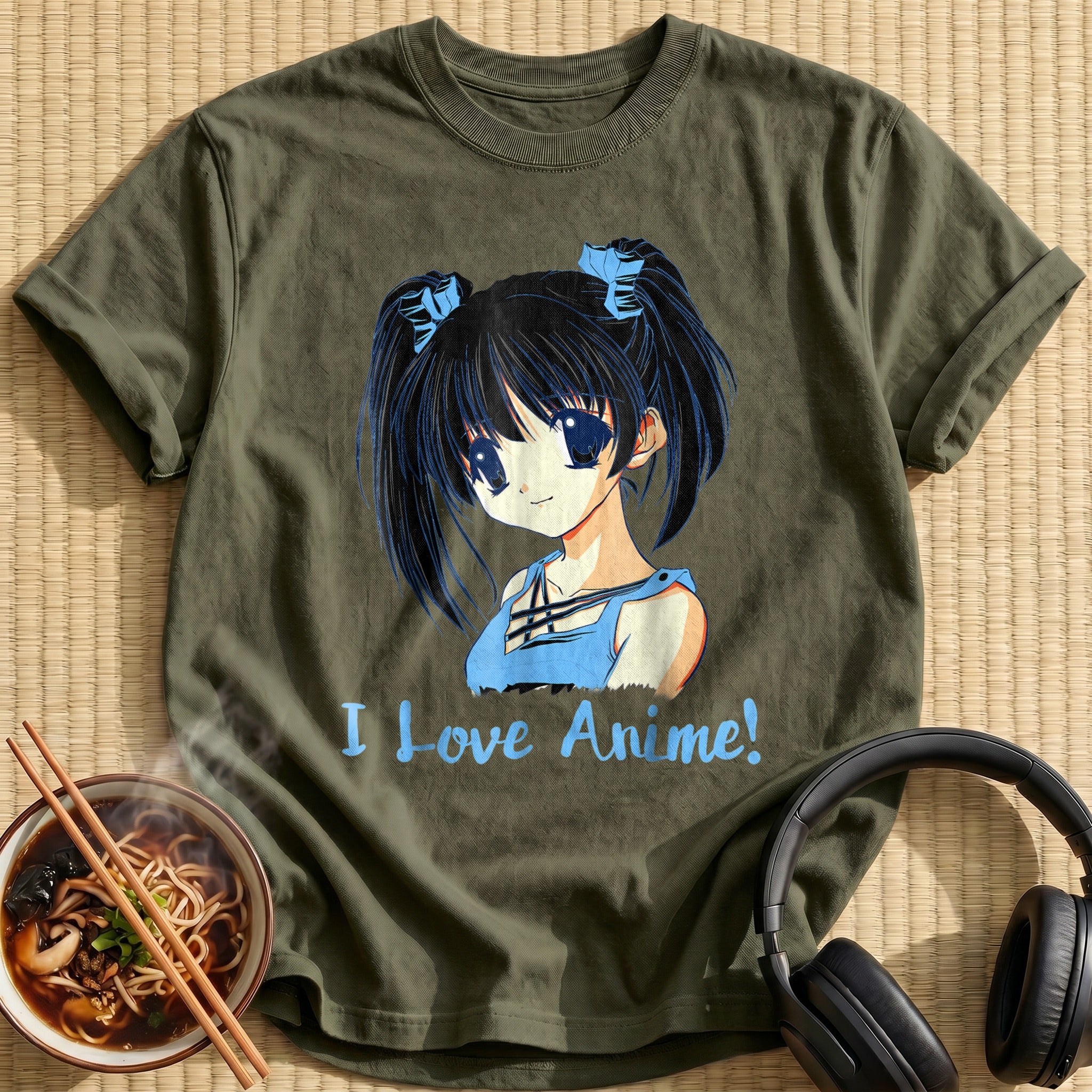 I Love Anime Twintail Girl Portrait - Military Green
