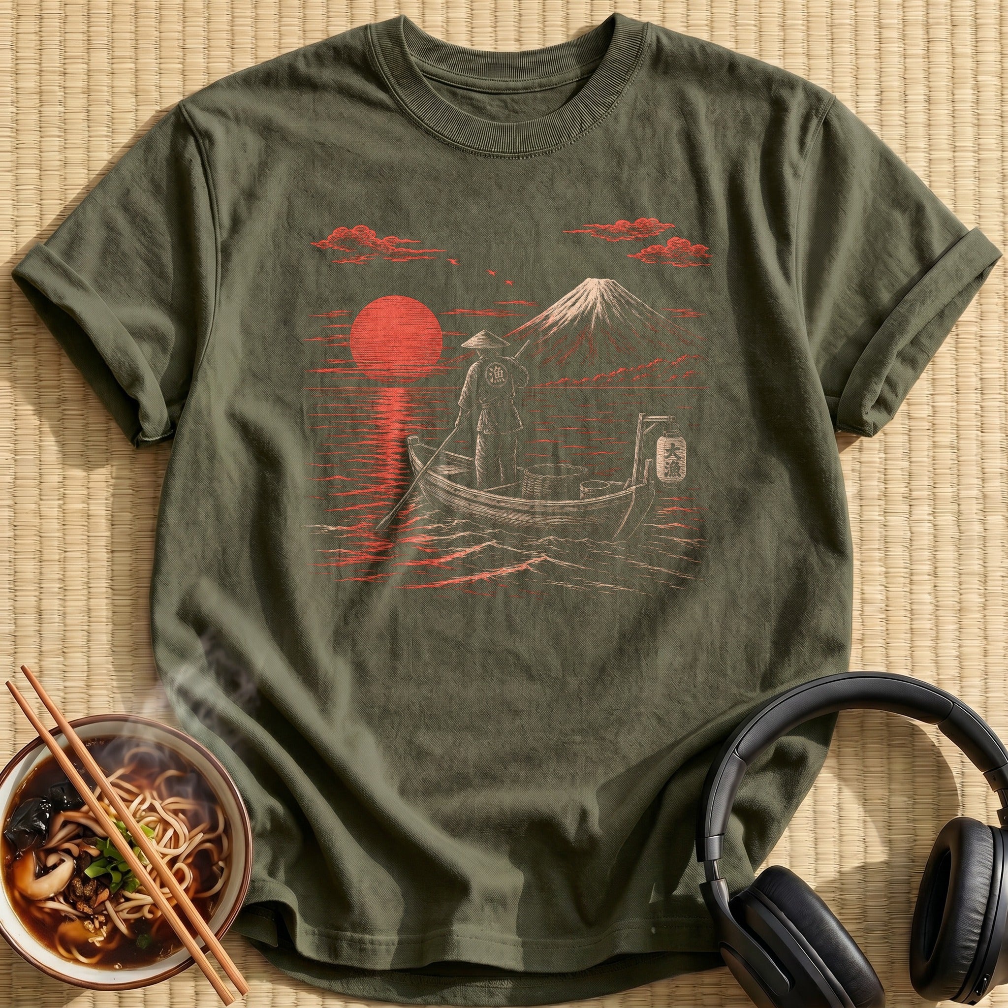 Japanese Fisherman Boat Red Sunset