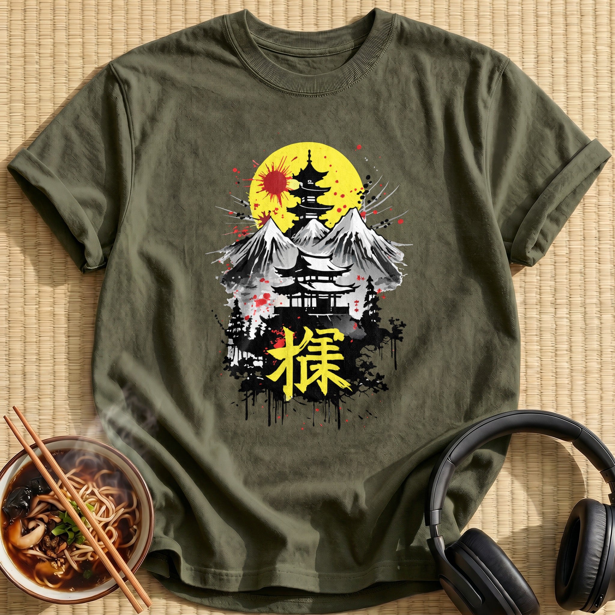 Japanese Pagoda Mountains Red Sun - Military Green