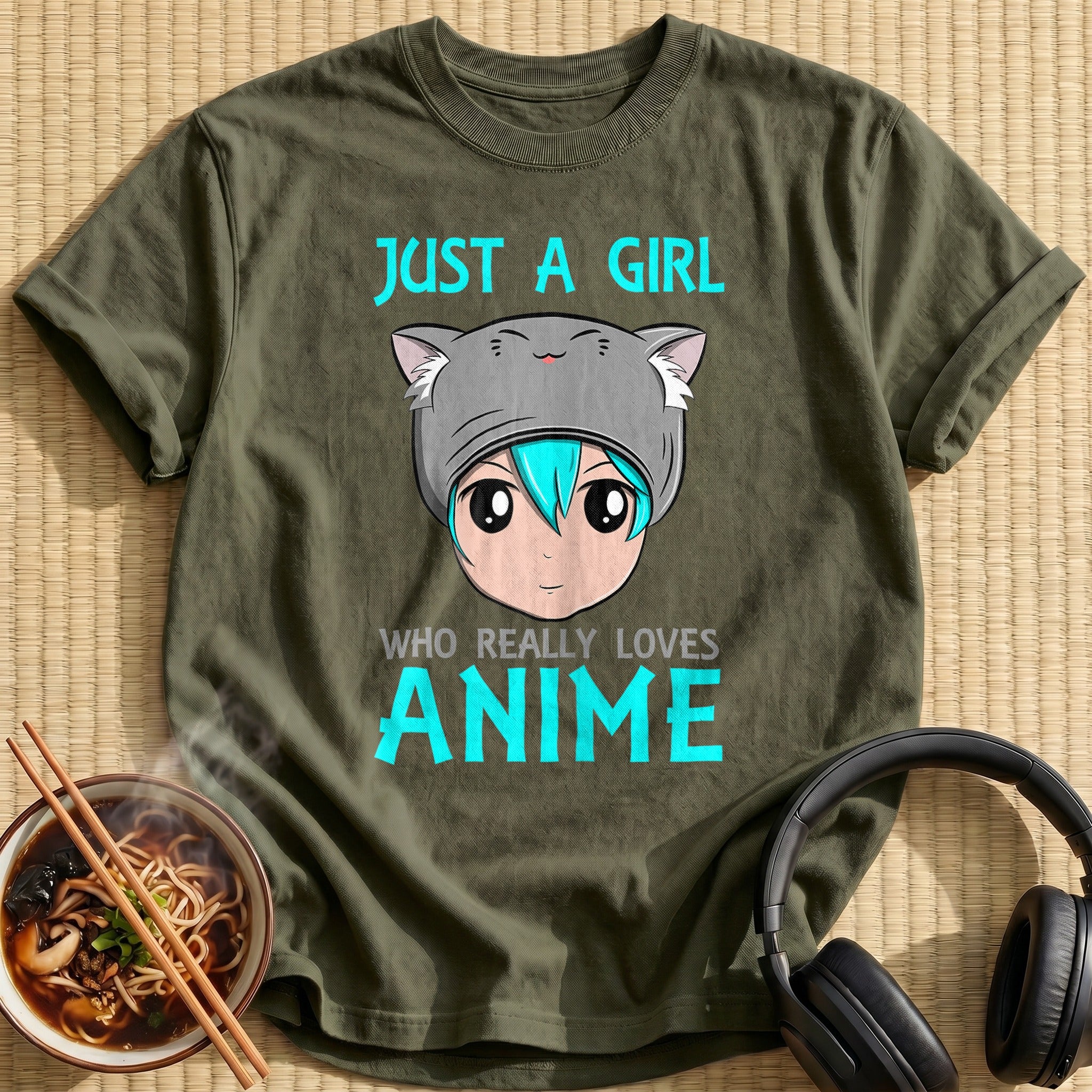 Just A Girl Loves Anime Kitty - Military Green