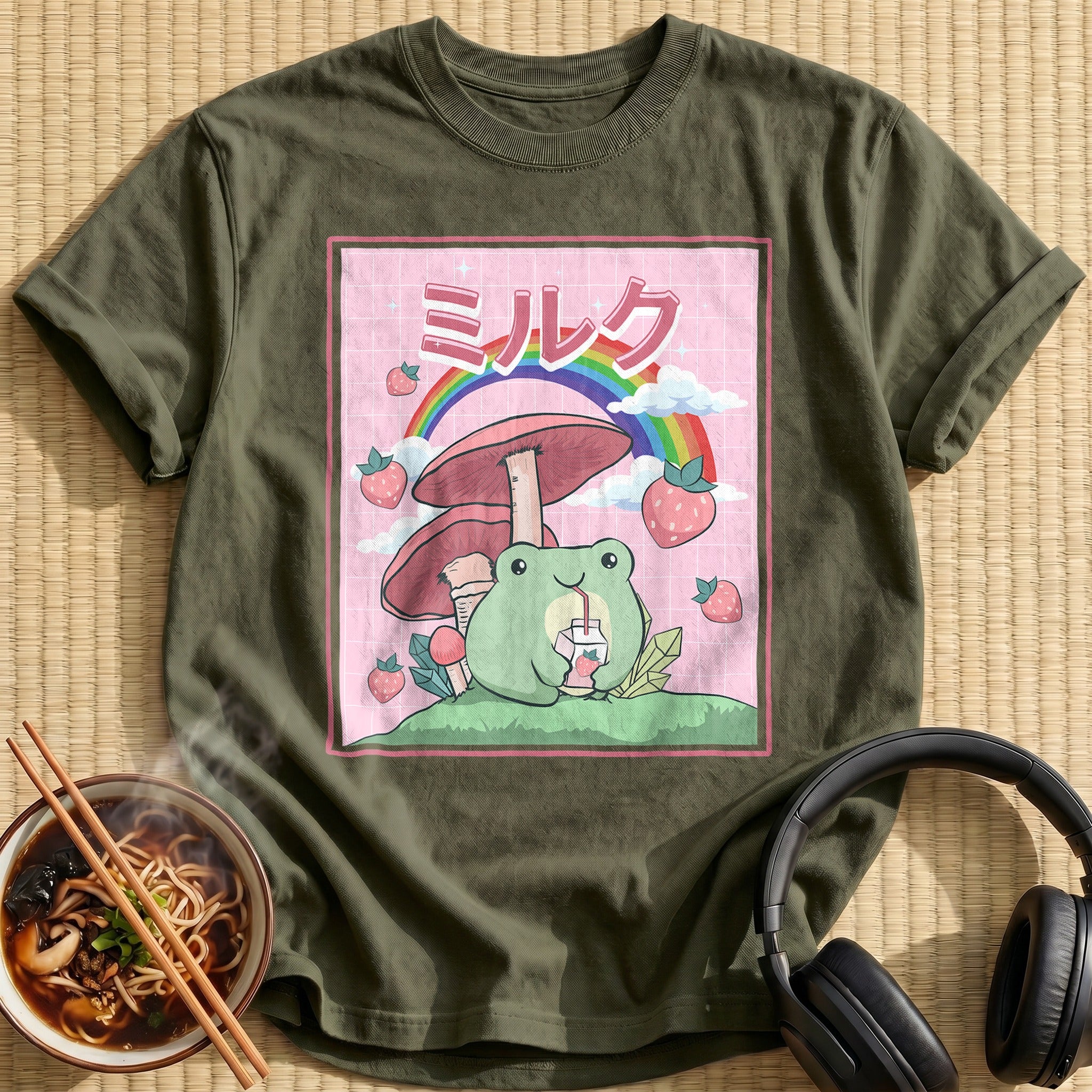 Kawaii Frog Mushroom Rainbow Strawberries - Military Green