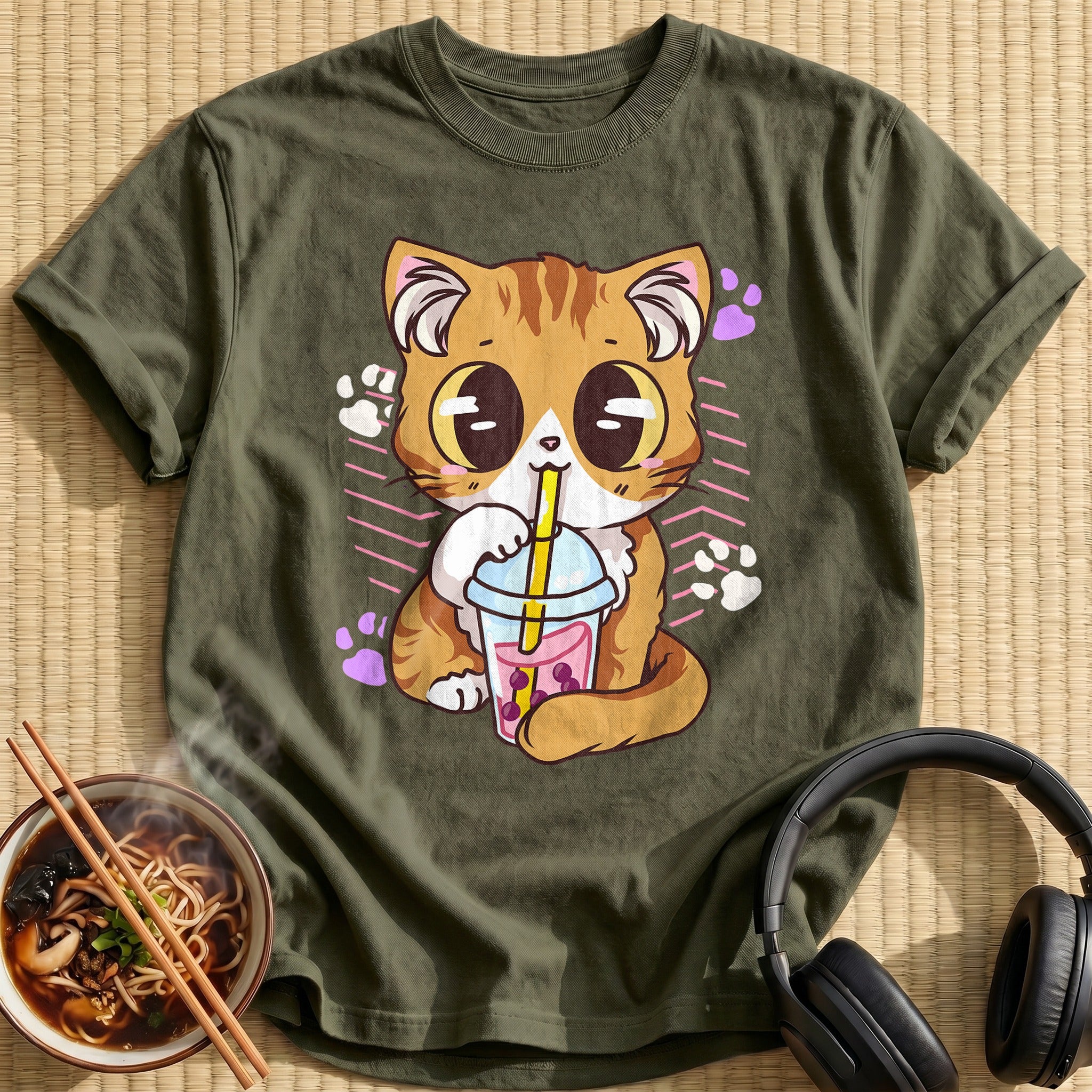 Kawaii Kitten Sipping Bubble Tea - Military Green