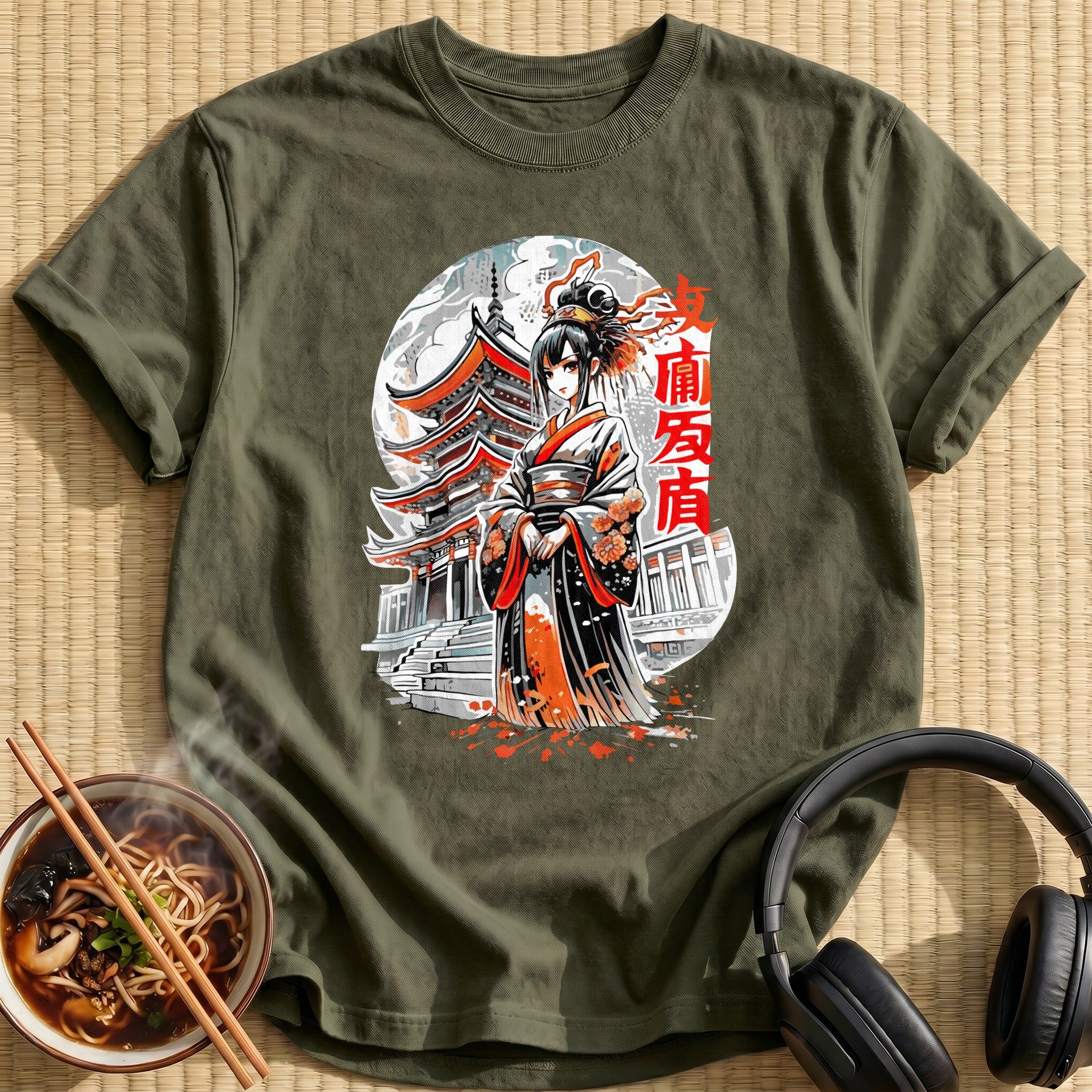 Kimono Maiden At Pagoda Temple - Military Green