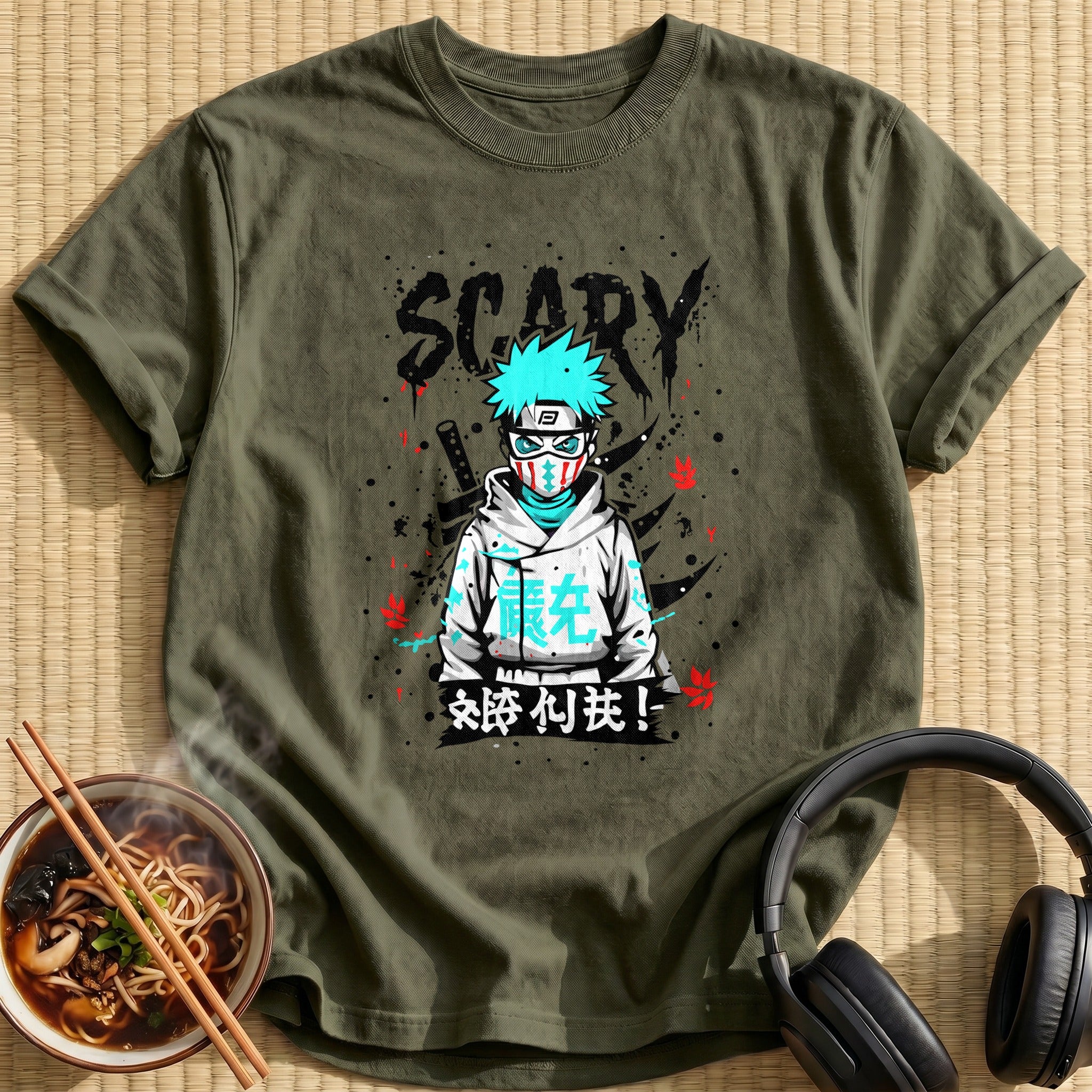 Masked Ninja Boy Scary Graffiti - Military Green