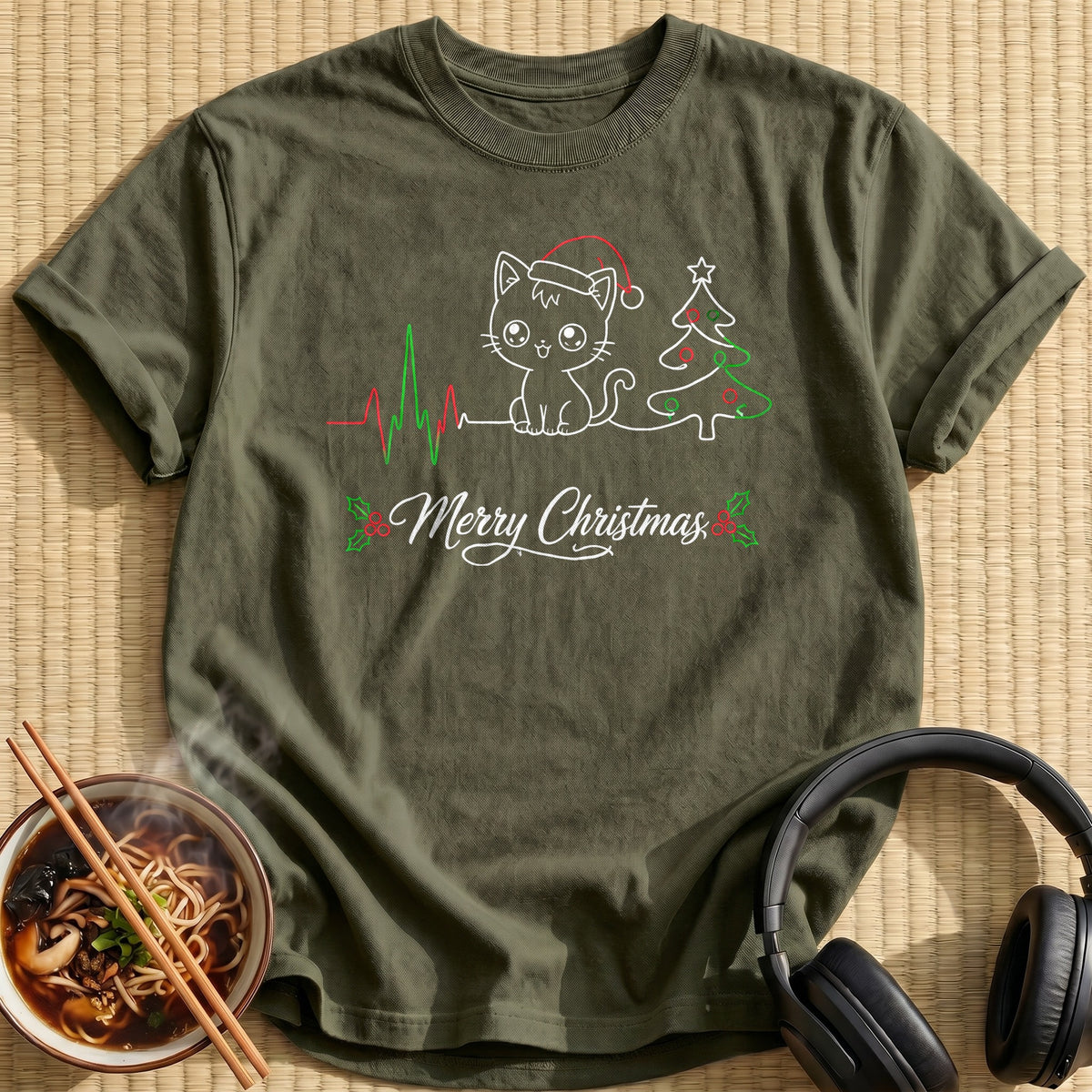 Merry Christmas Heartbeat Cat 36 - Military Green