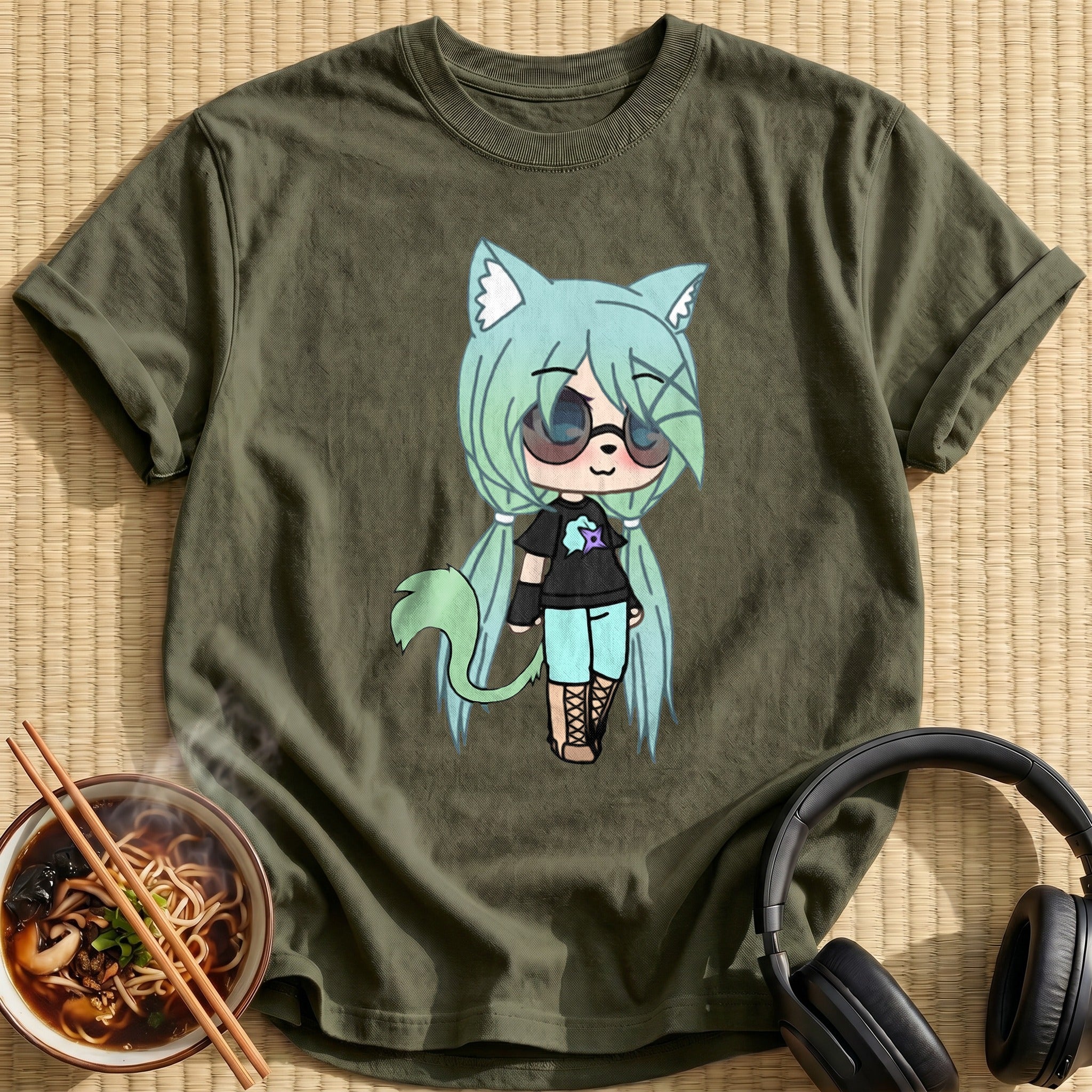 Mint Hair Chibi Tomboy Catgirl - Military Green