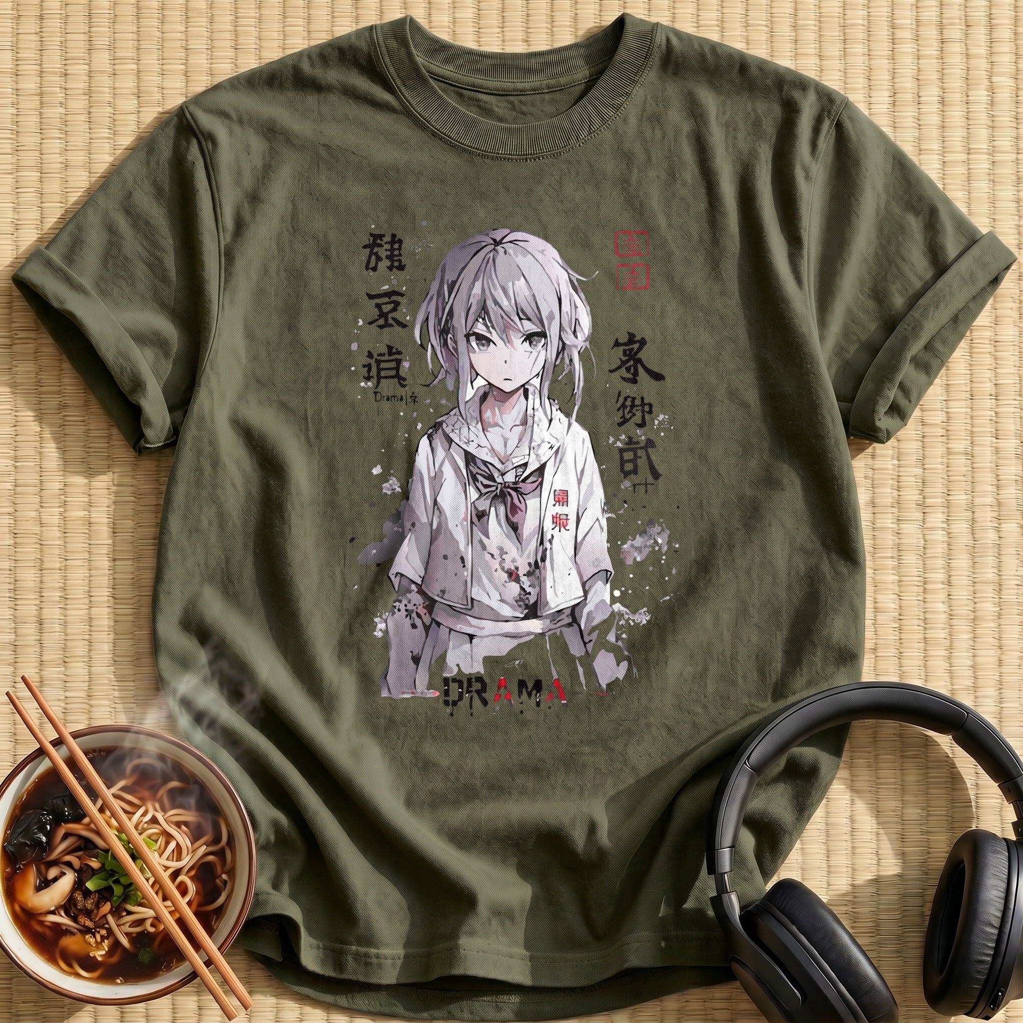 Moody Grey Anime Schoolgirl Portrait - Military Green