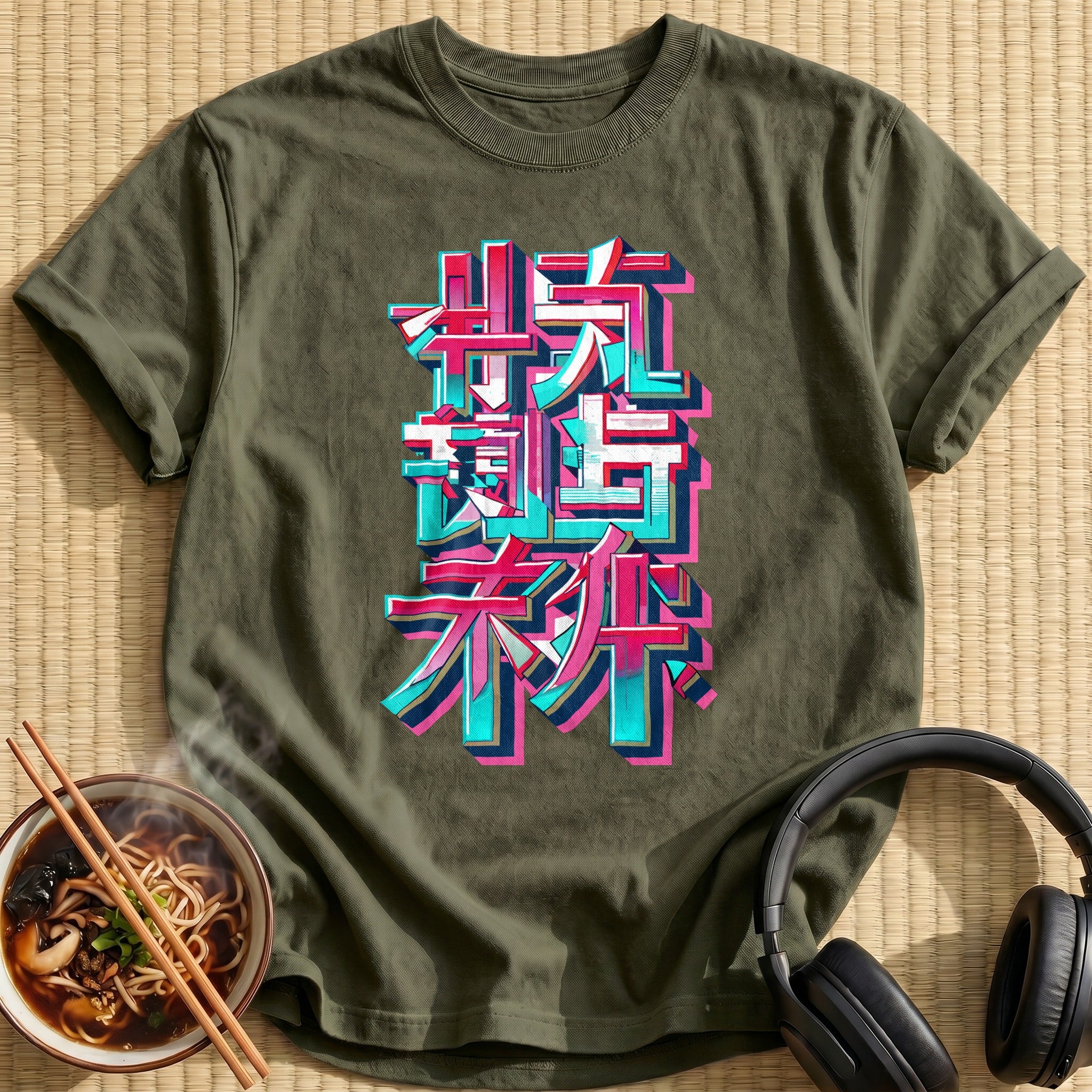 Neon Glitch Japanese Kanji Lettering - Military Green