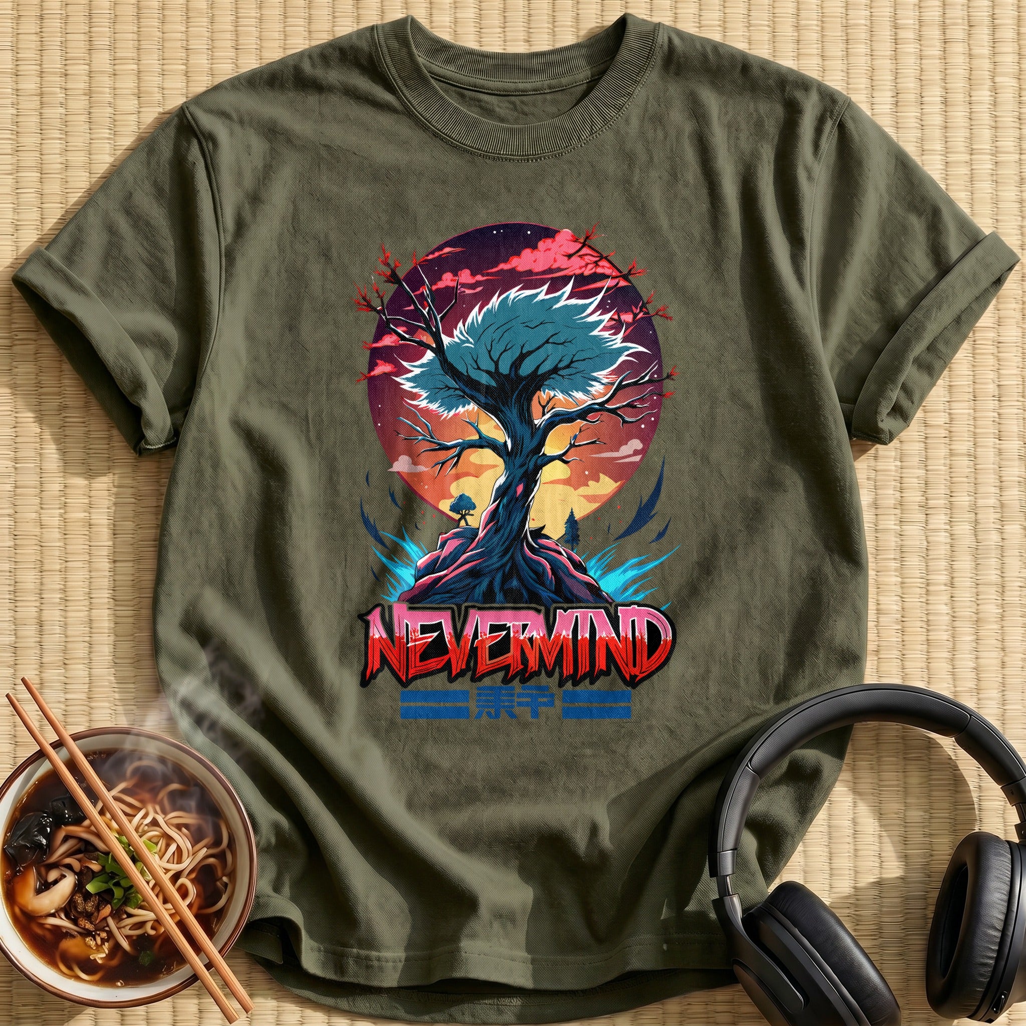 Nevermind Sunset Tree Mountain Scene - Military Green