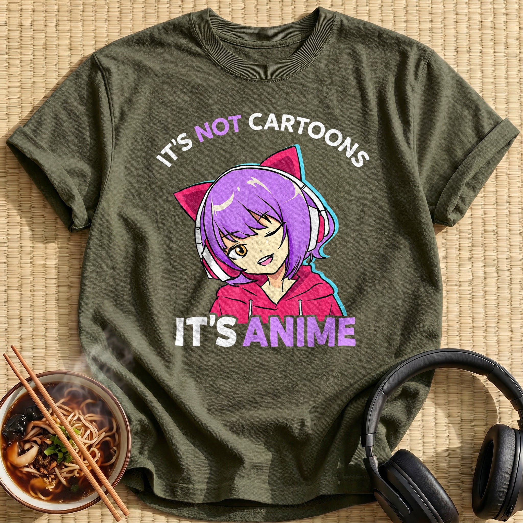 Not Cartoons Its Anime Headphone Girl - Military Green