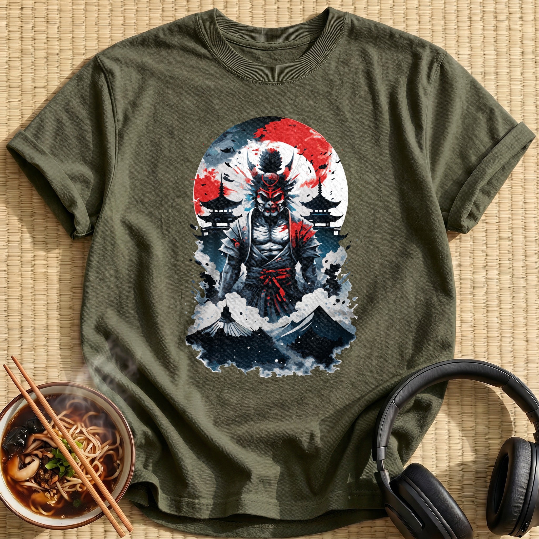 Oni Demon Samurai Red Moon - Military Green