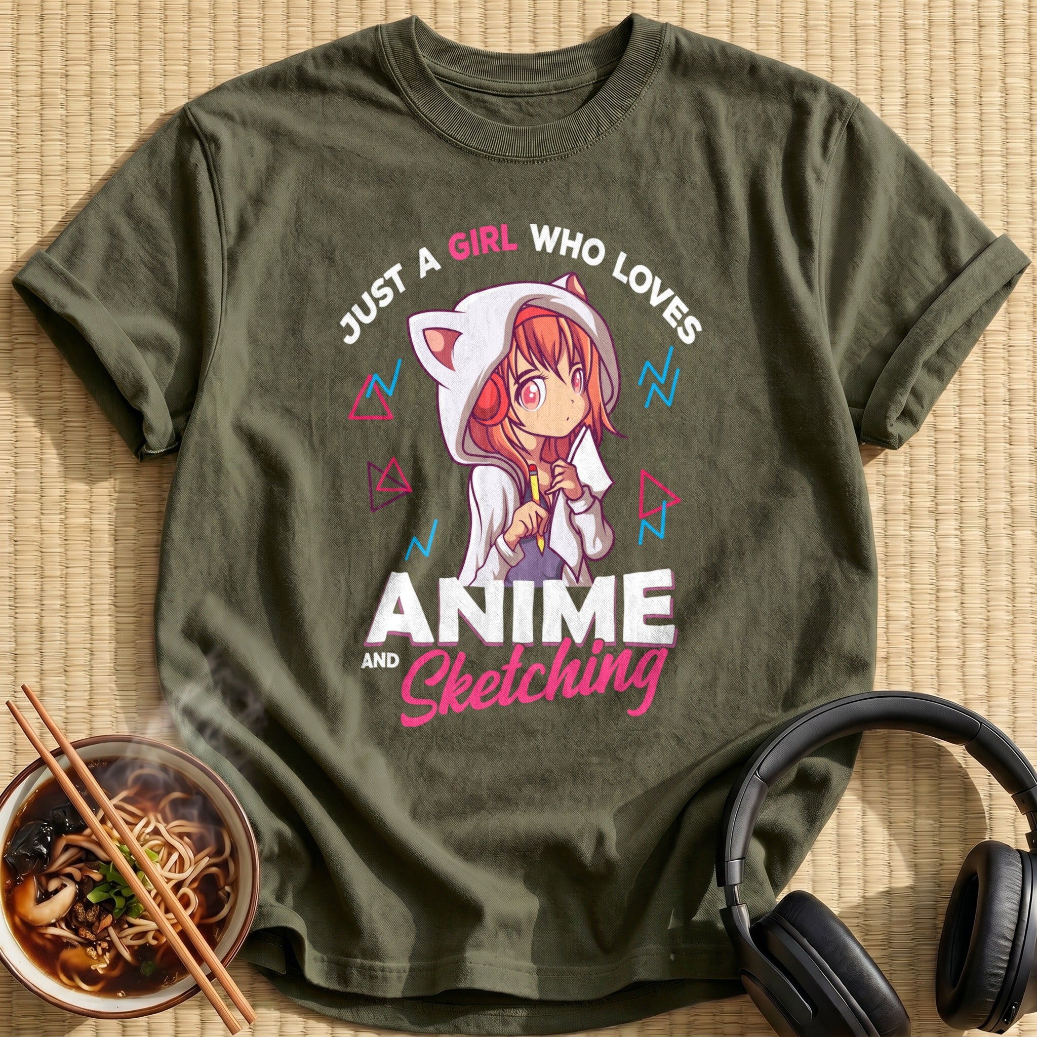 Orange Hair Cat Hood Pencil Girl - Military Green