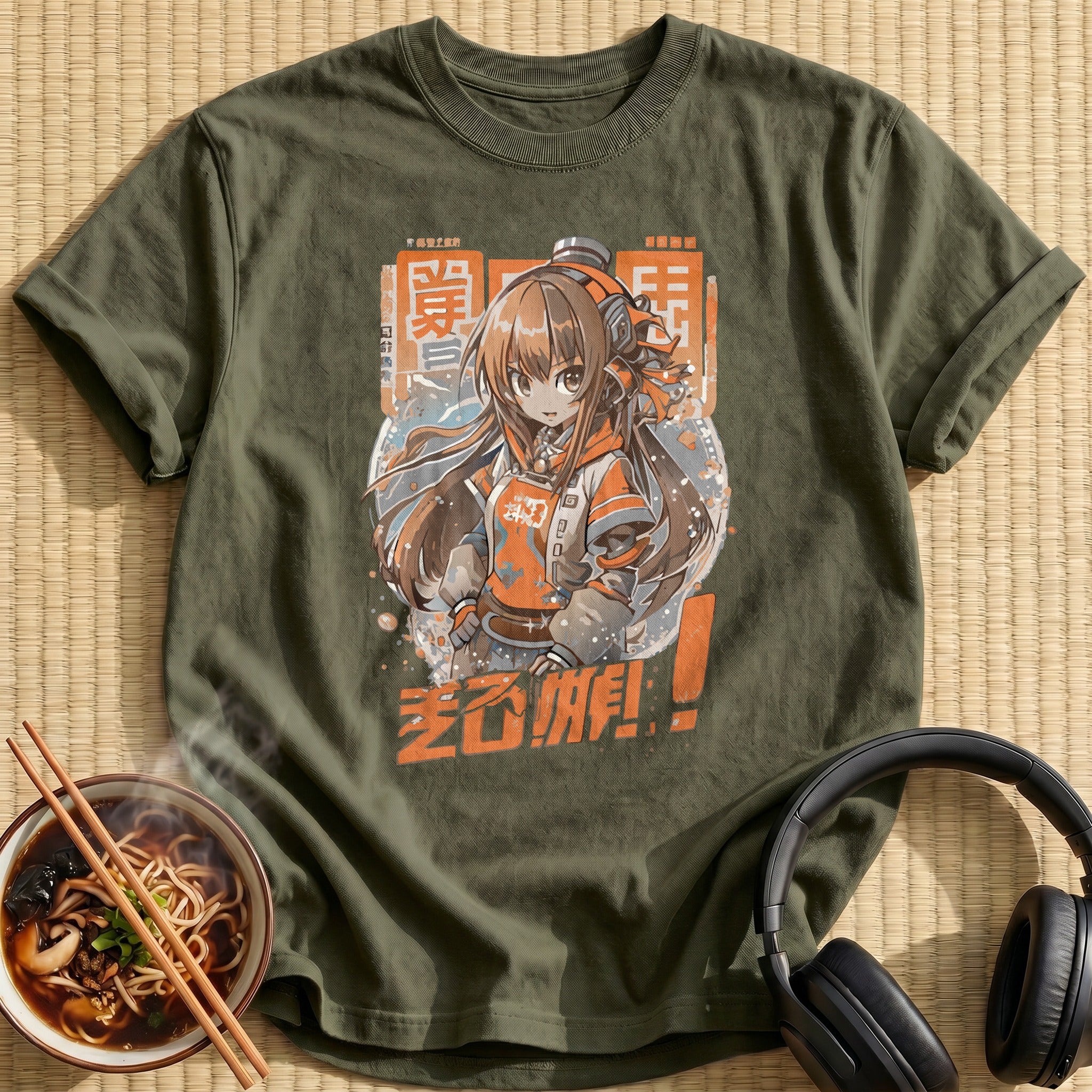 Orange Headphones Anime Gamer Girl - Military Green