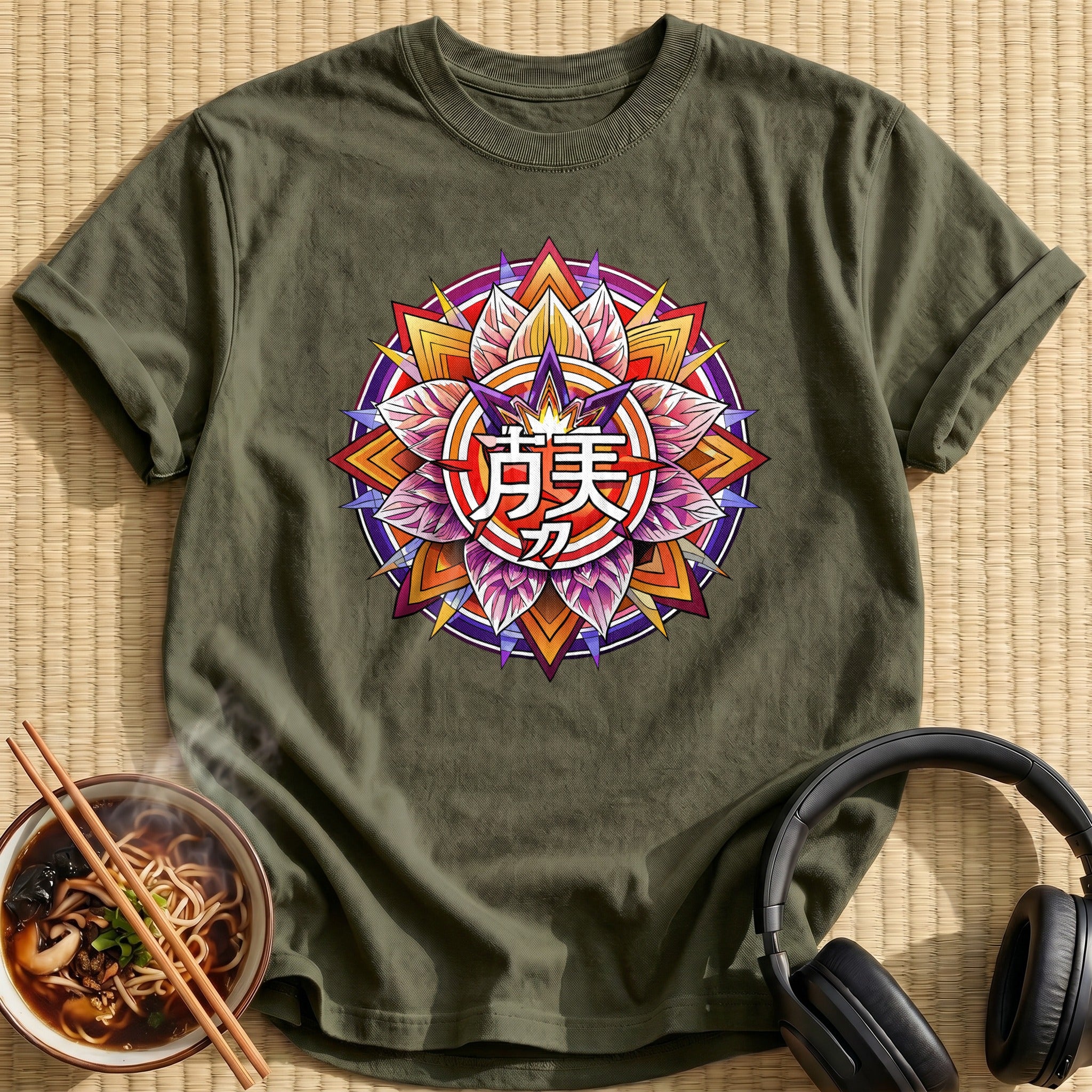 Ornate Lotus Mandala Kanji Emblem - Military Green