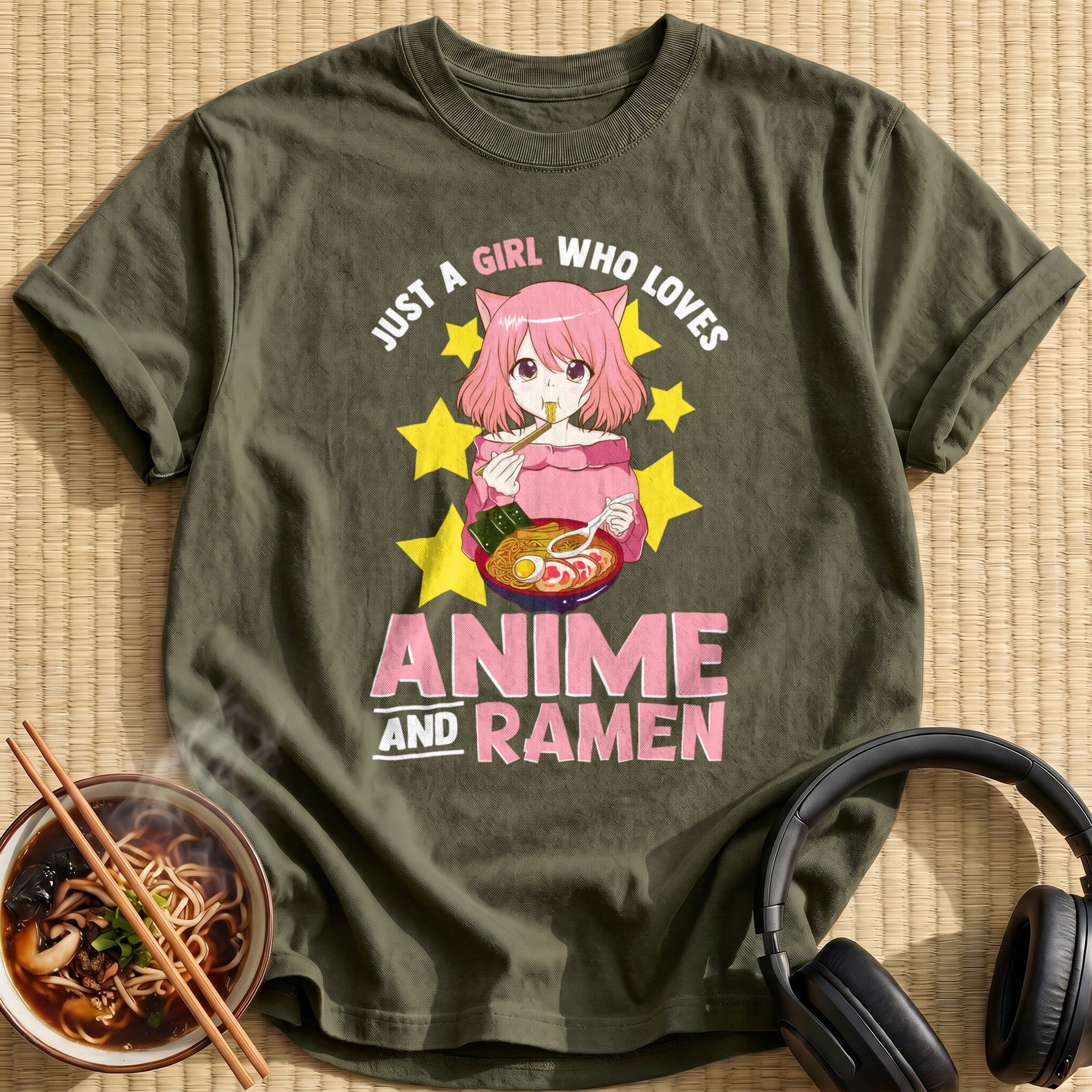 Pink Cat Girl Slurping Ramen - Military Green
