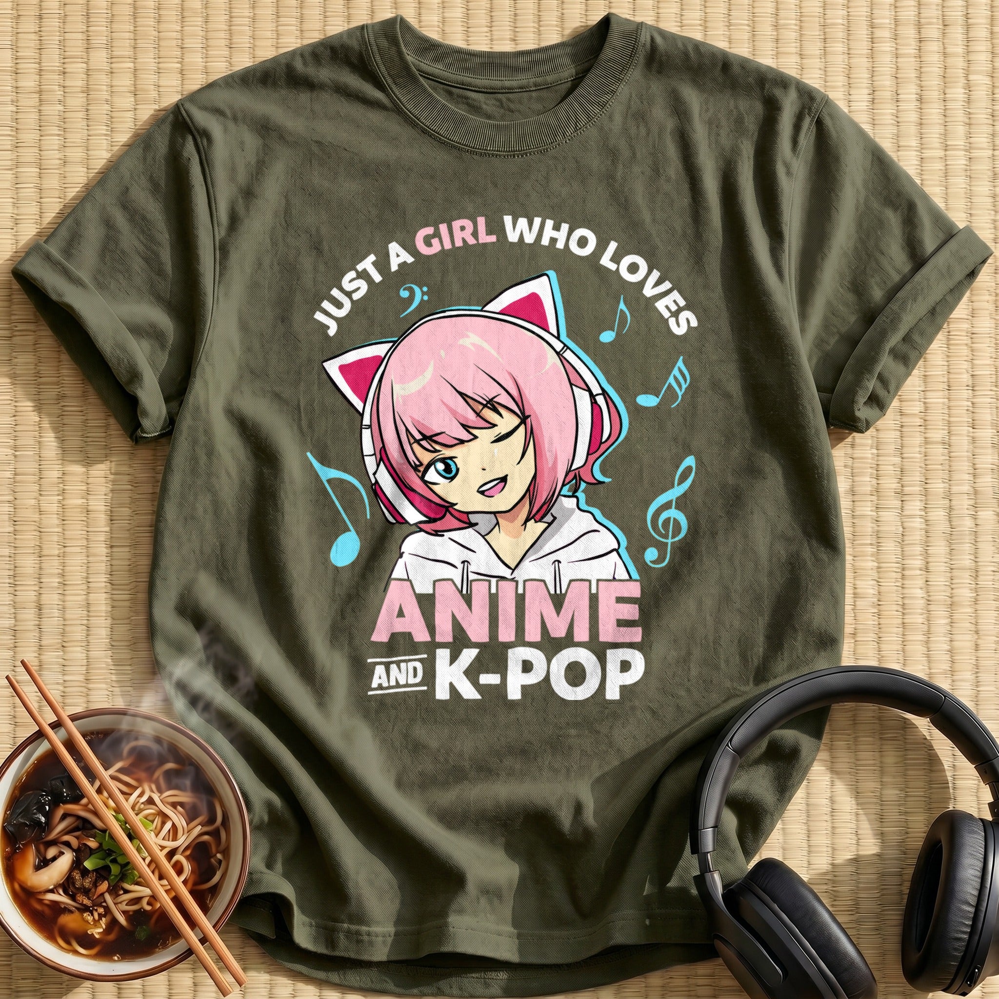 Pink Cat Headphones Music Girl - Military Green