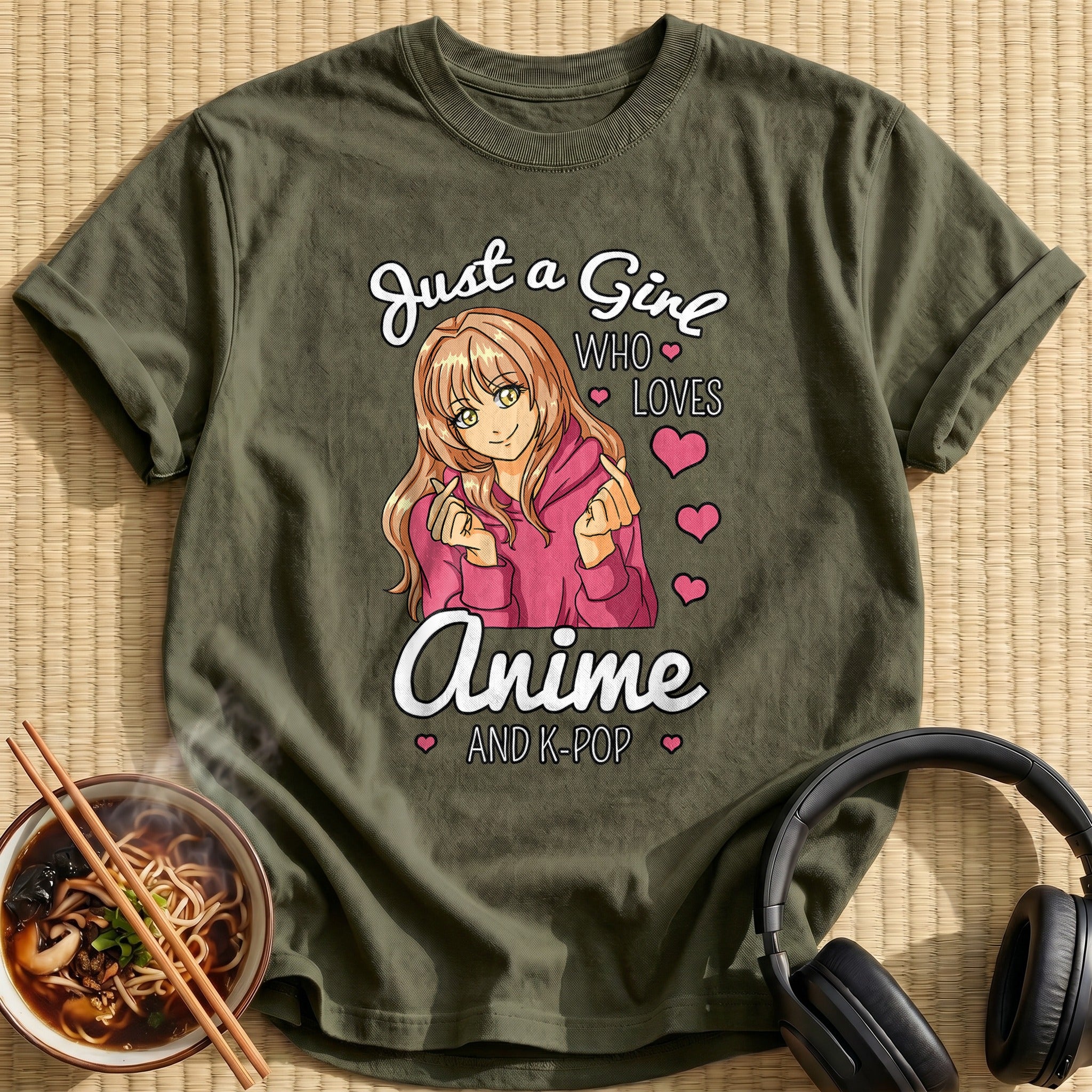 Pink Hoodie Girl Kpop Finger Hearts - Military Green
