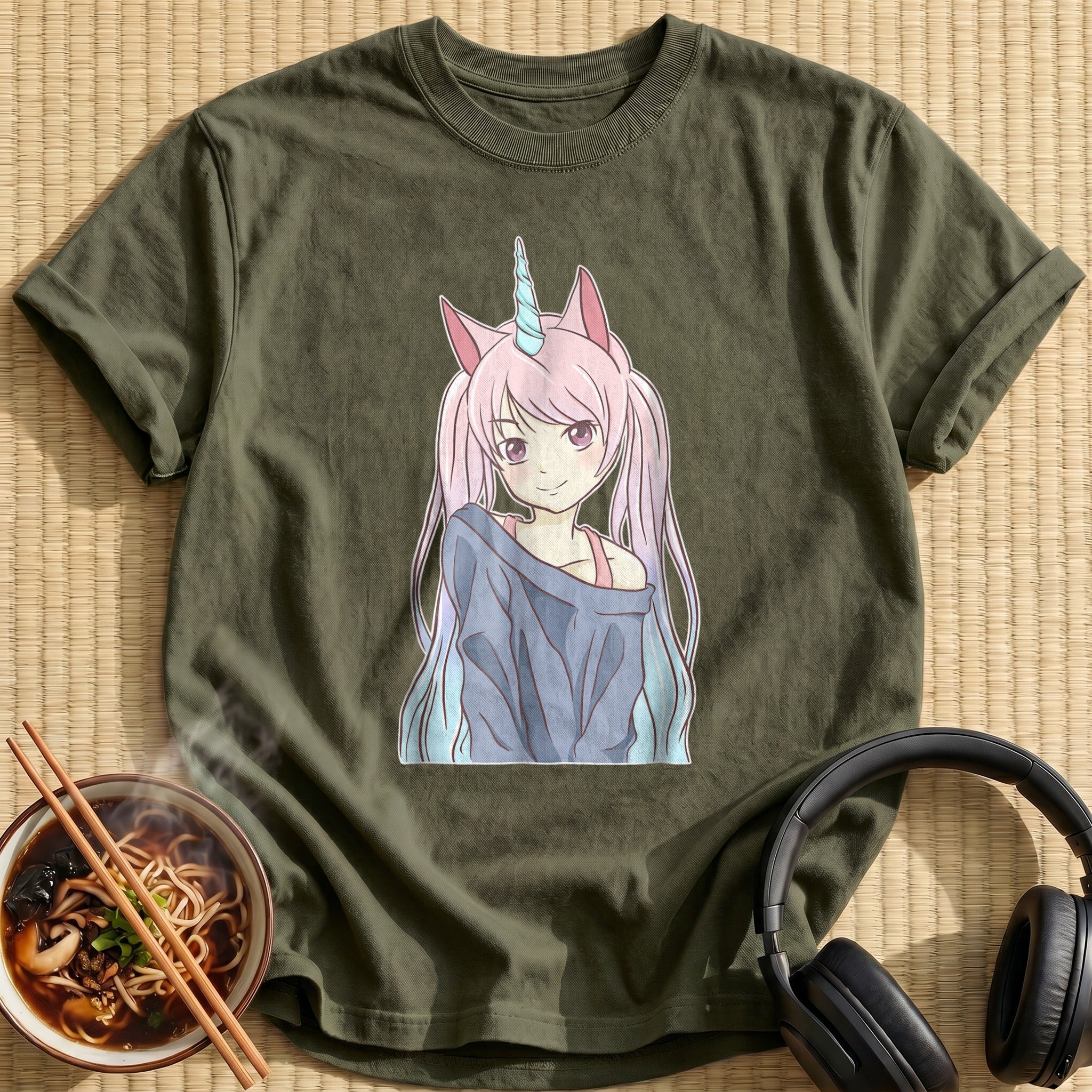 Pink Unicorn Horn Anime Girl - Military Green