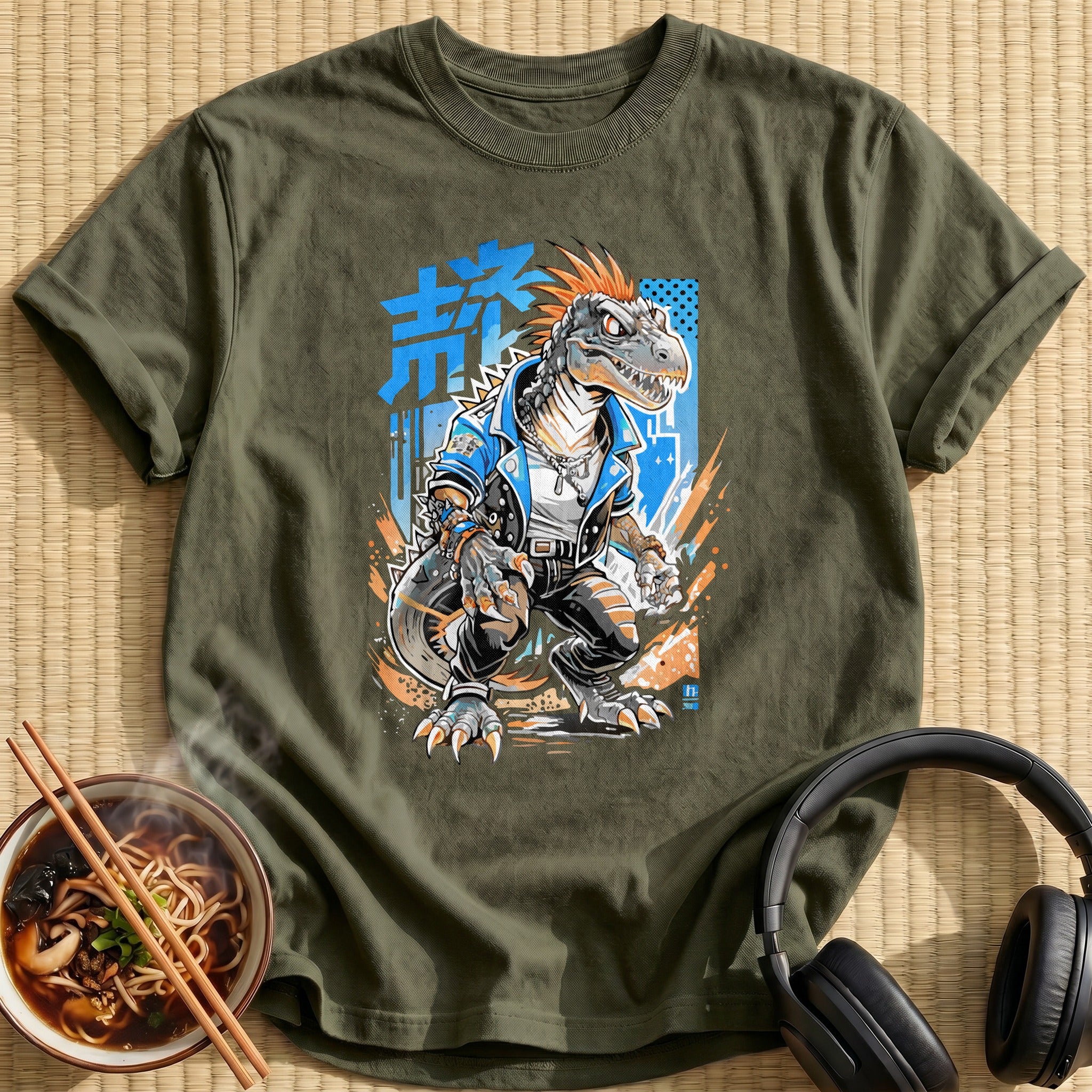 Punk Raptor Dinosaur Leather Jacket - Military Green