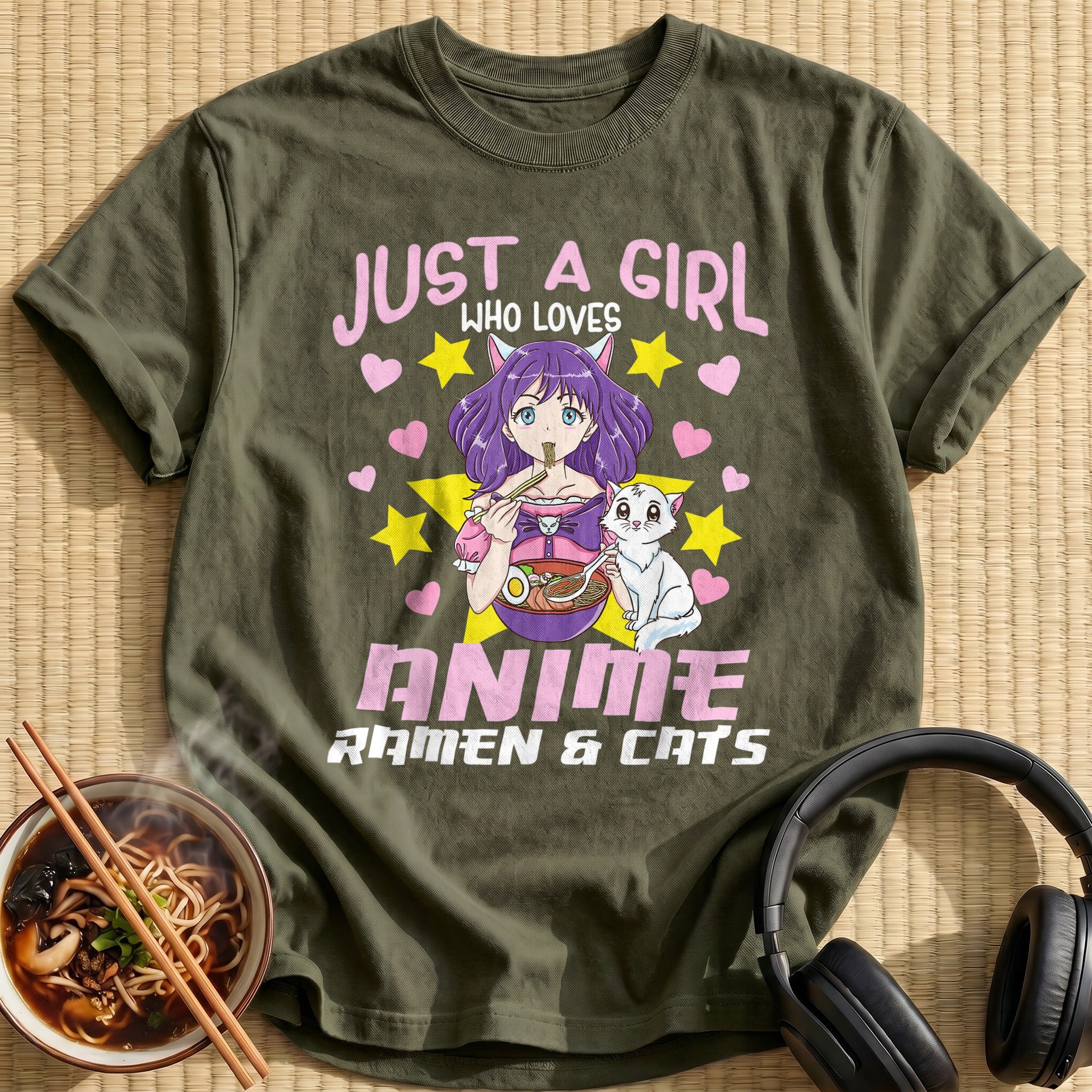 Purple Girl Eating Ramen White Cat - Military Green