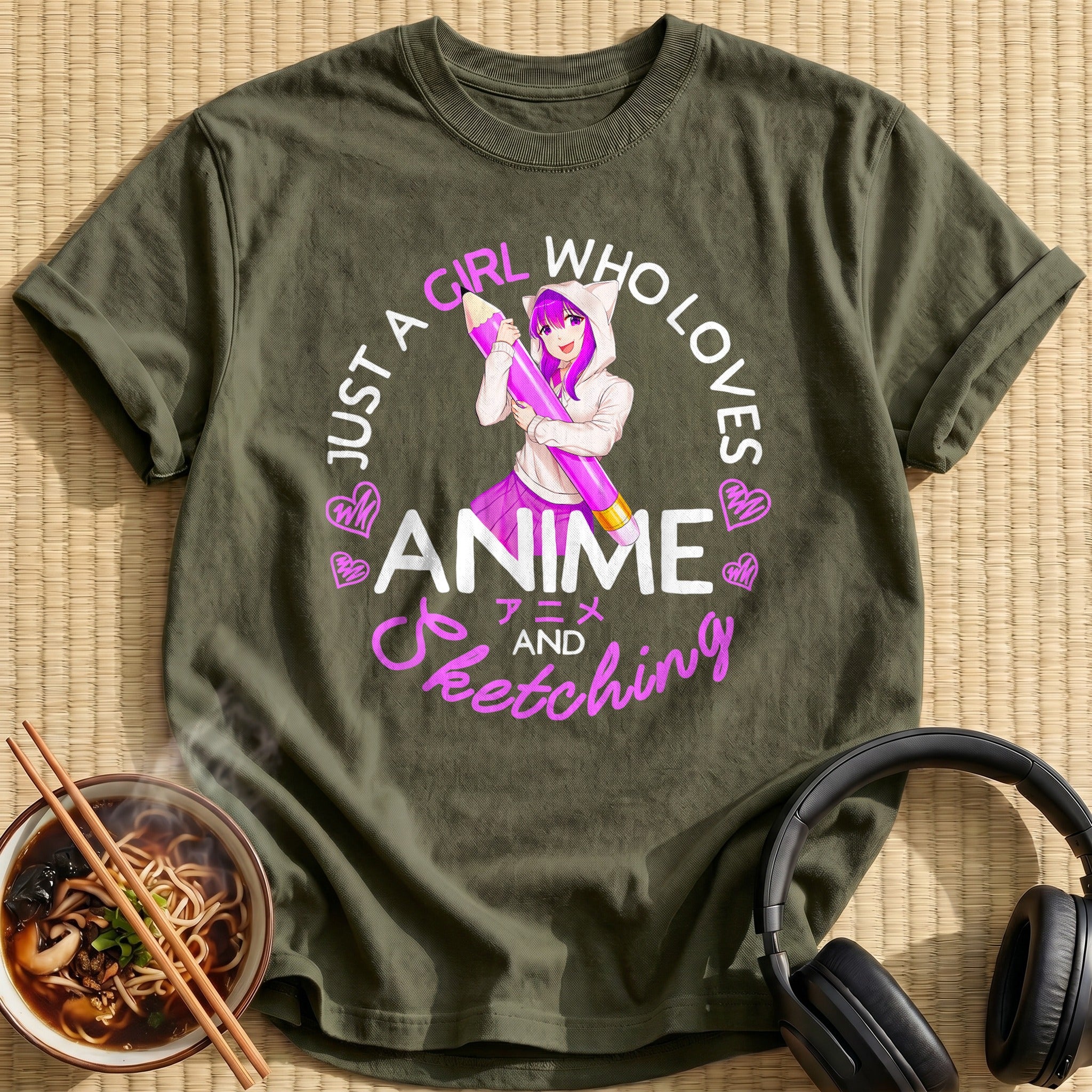 Purple Hair Girl Holding Giant Pencil - Military Green