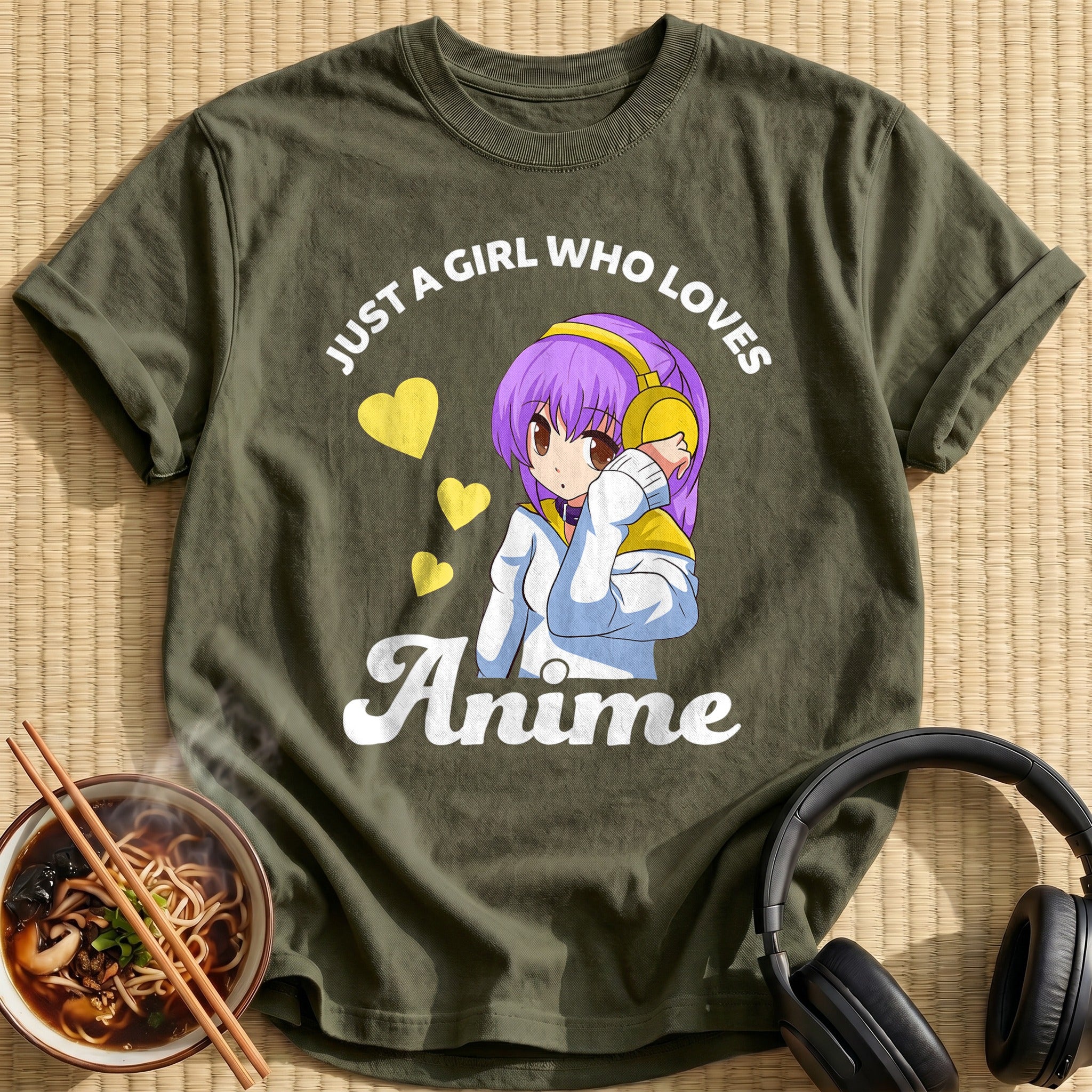 Purple Hair Girl Yellow Headphones Hearts - Military Green