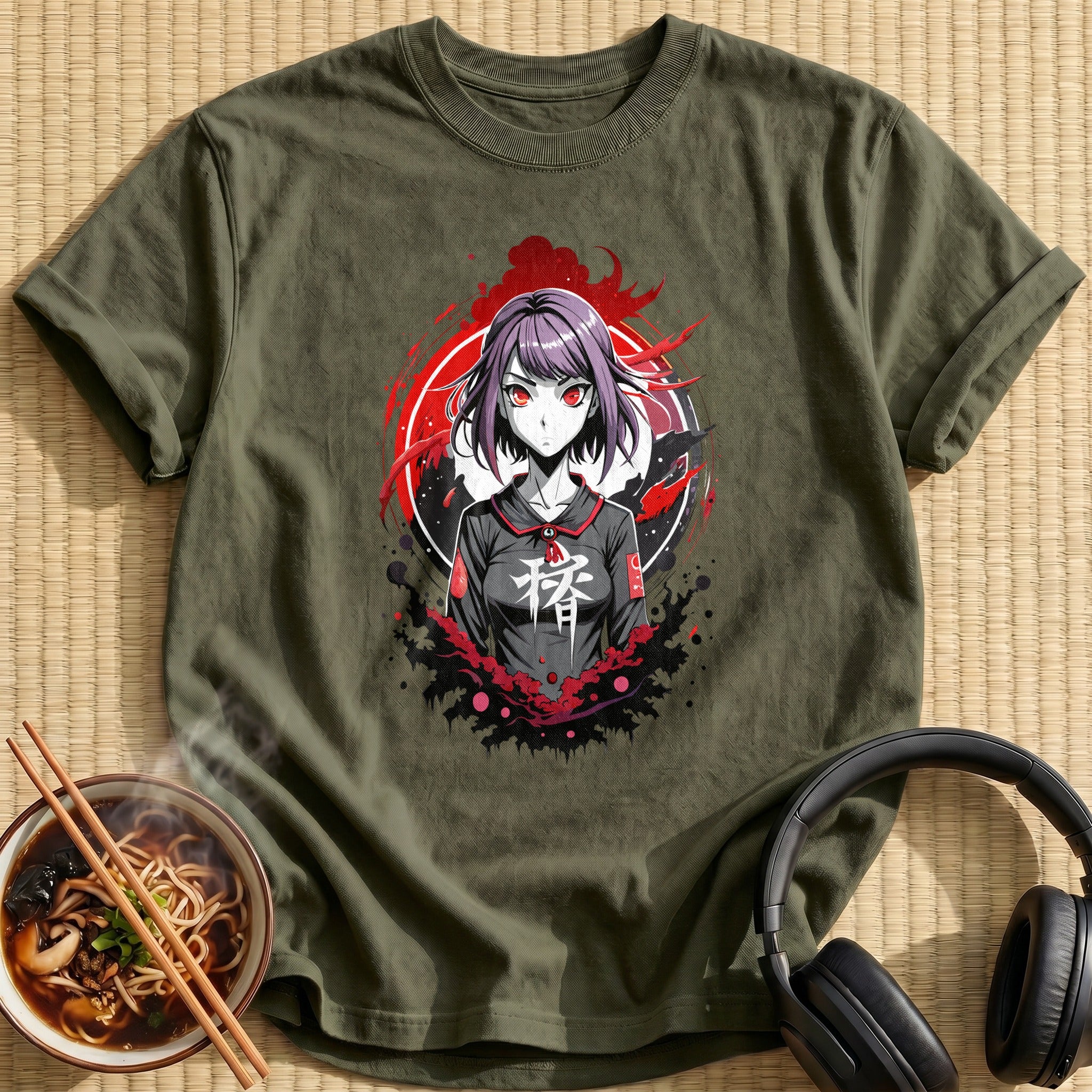 Purple Hair Red Eyes Girl - Military Green