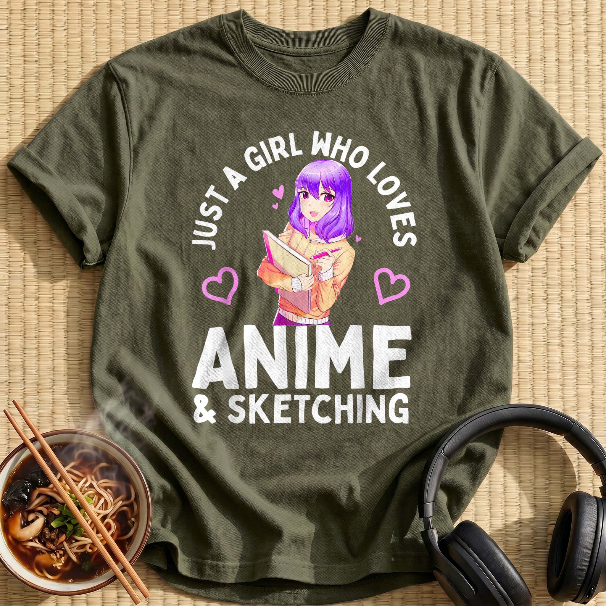 Purple Hair Sketching Anime Girl - Military Green