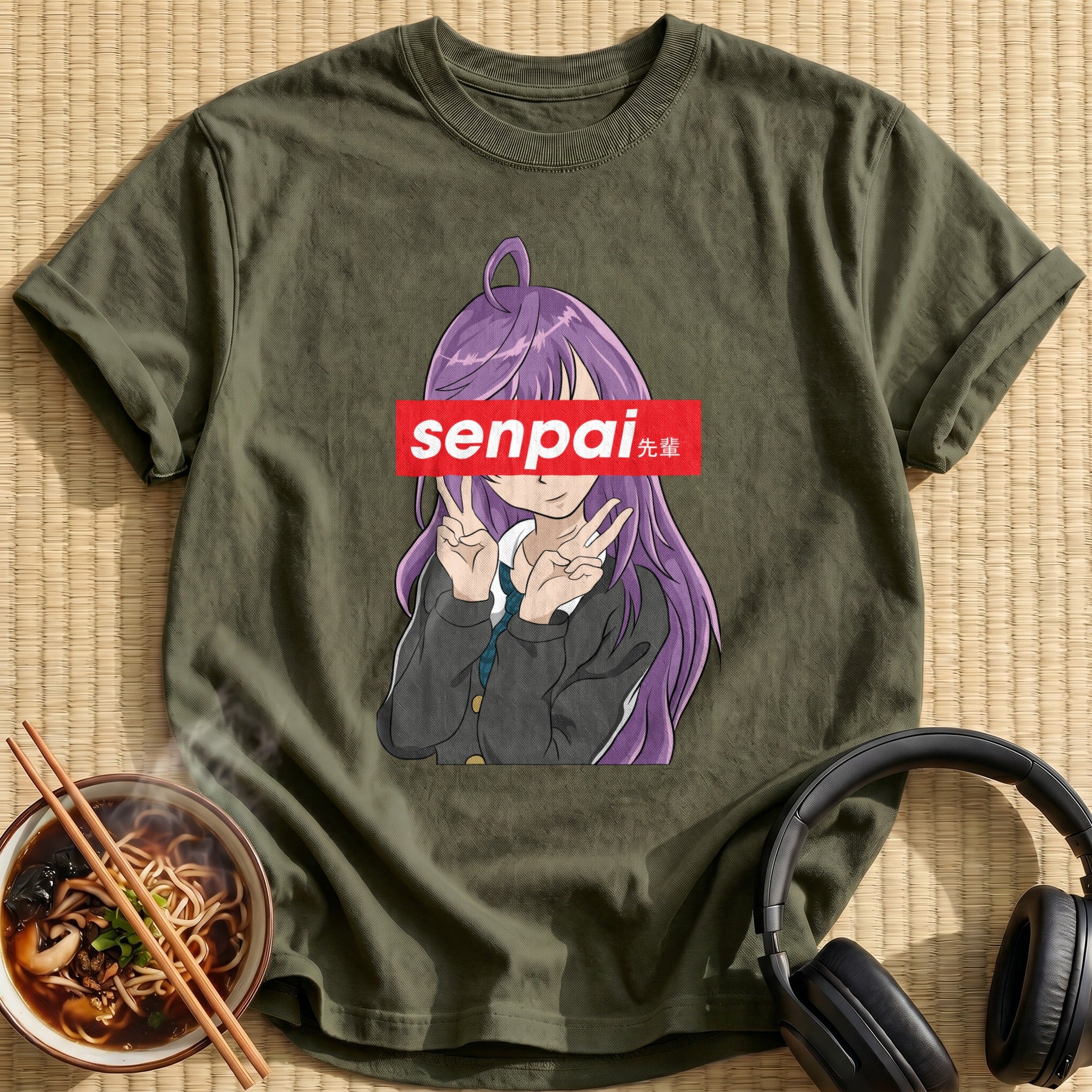 Purple Haired Senpai Peace Sign Girl - Military Green