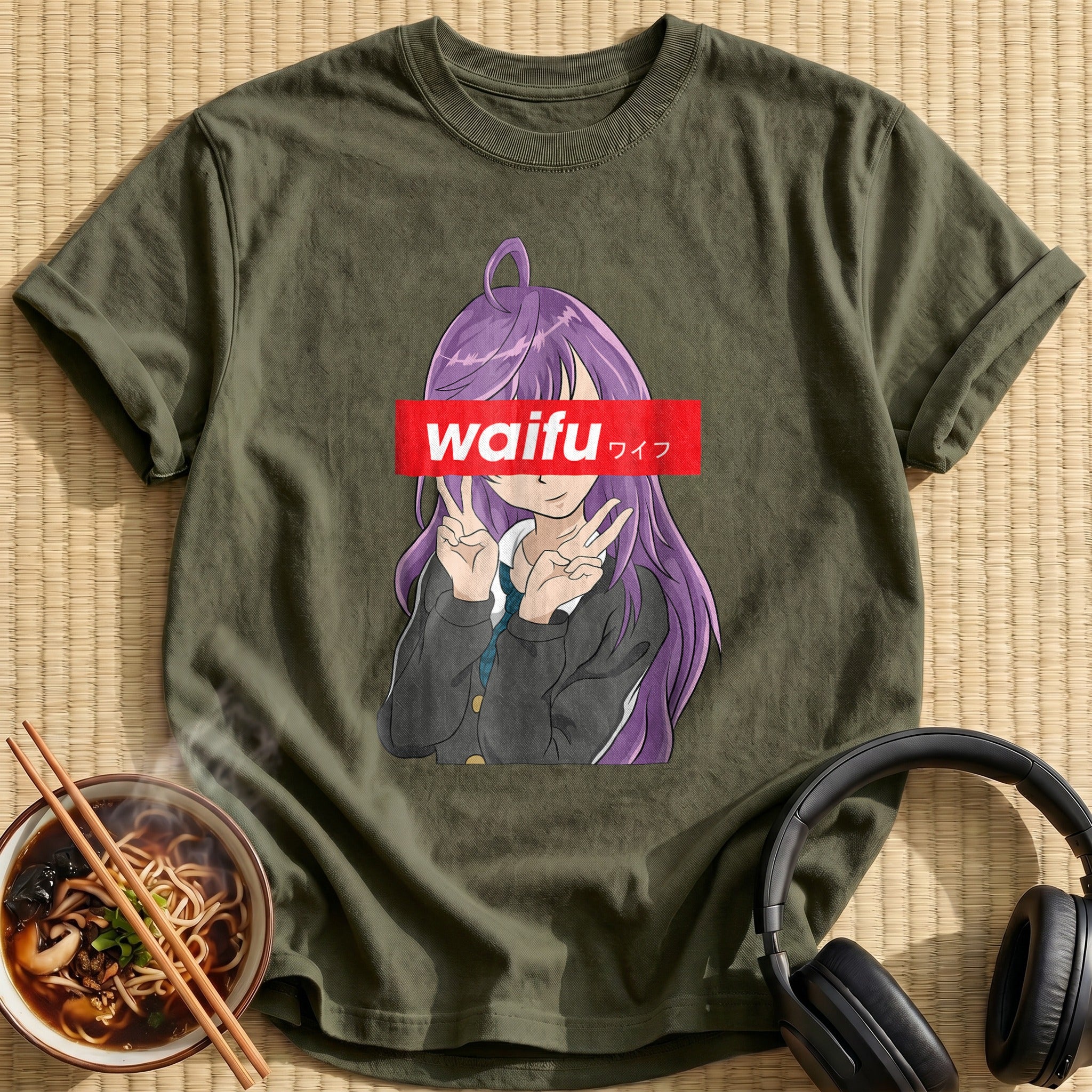 Purple Haired Waifu Peace Sign Girl - Military Green