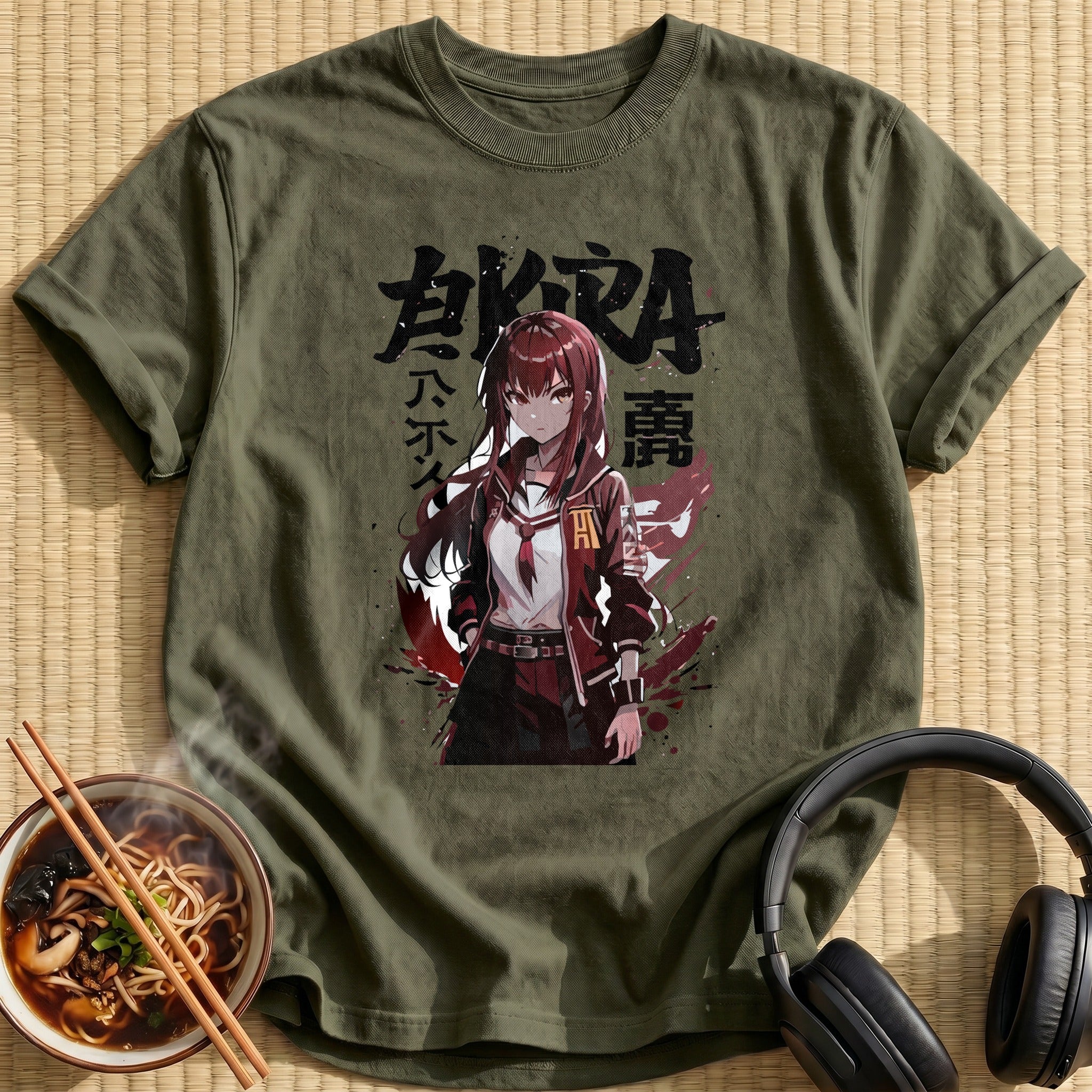 Red Haired Anime Schoolgirl Kira - Military Green