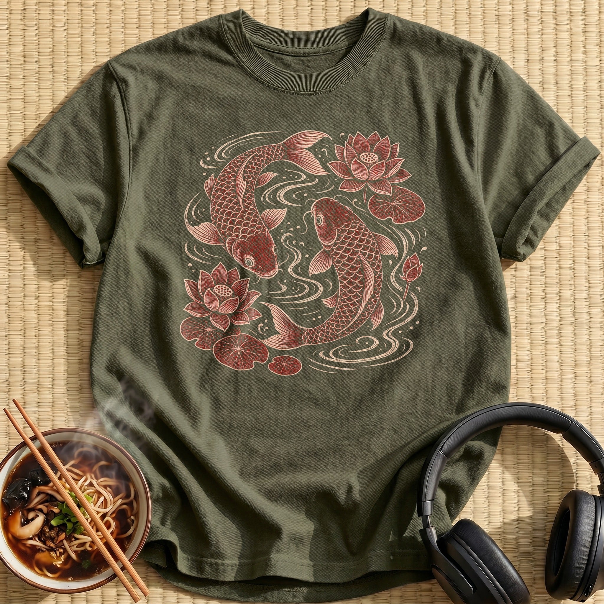Red Koi Fish Lotus Flowers