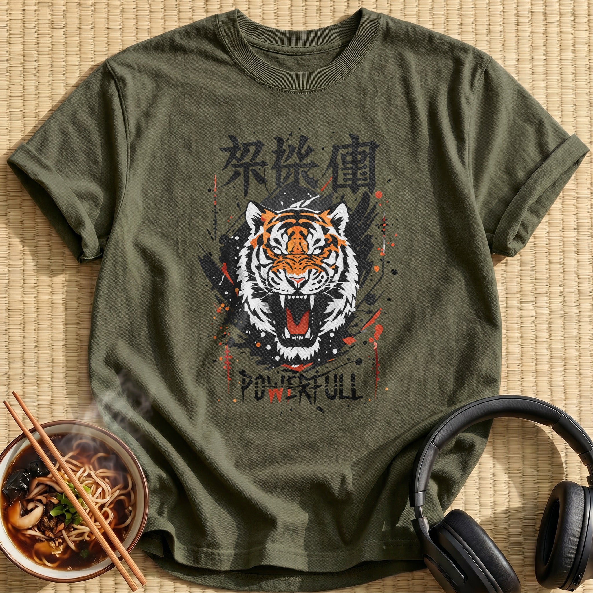 Roaring Powerful Tiger Head Kanji - Military Green