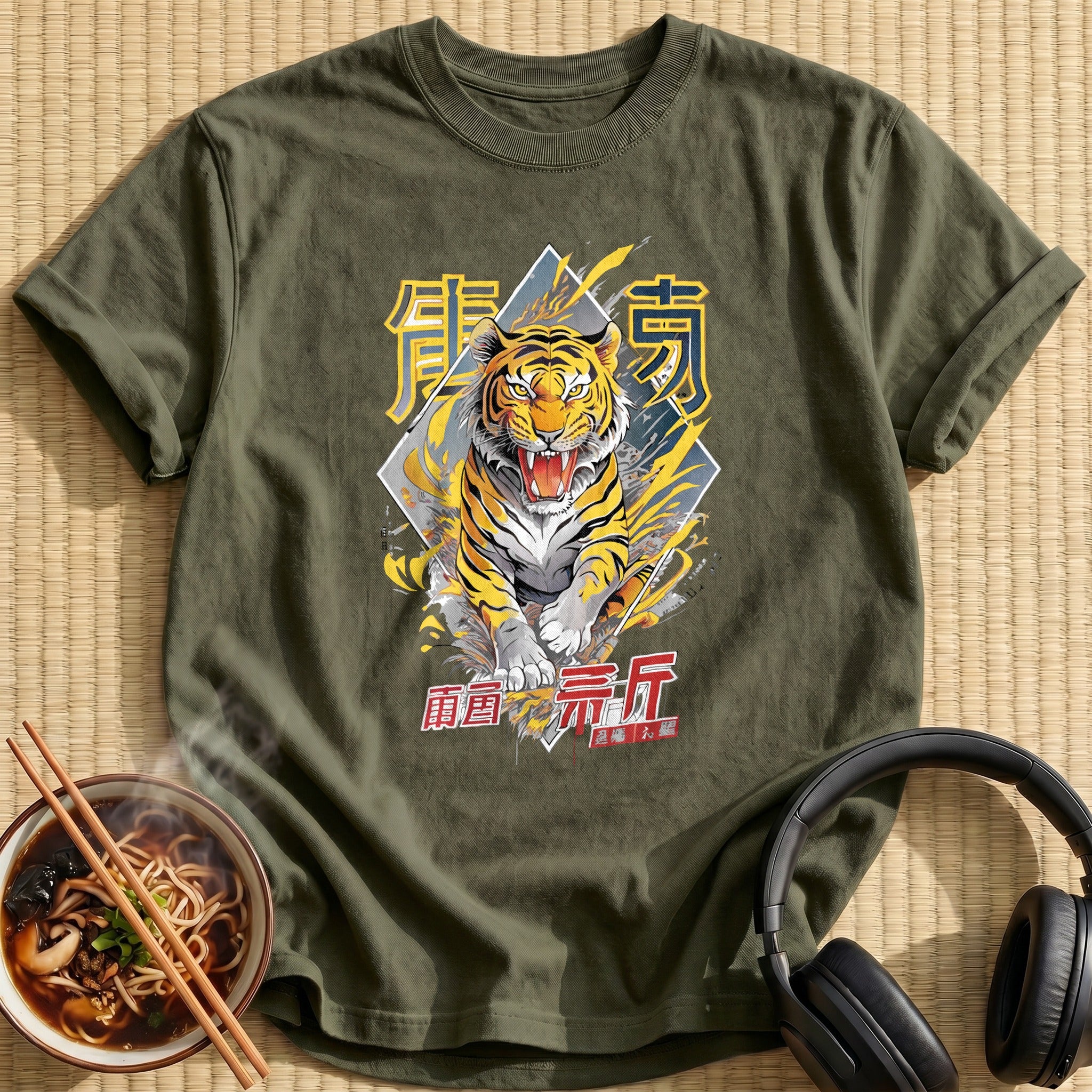 Roaring Yellow Tiger Lightning Kanji - Military Green