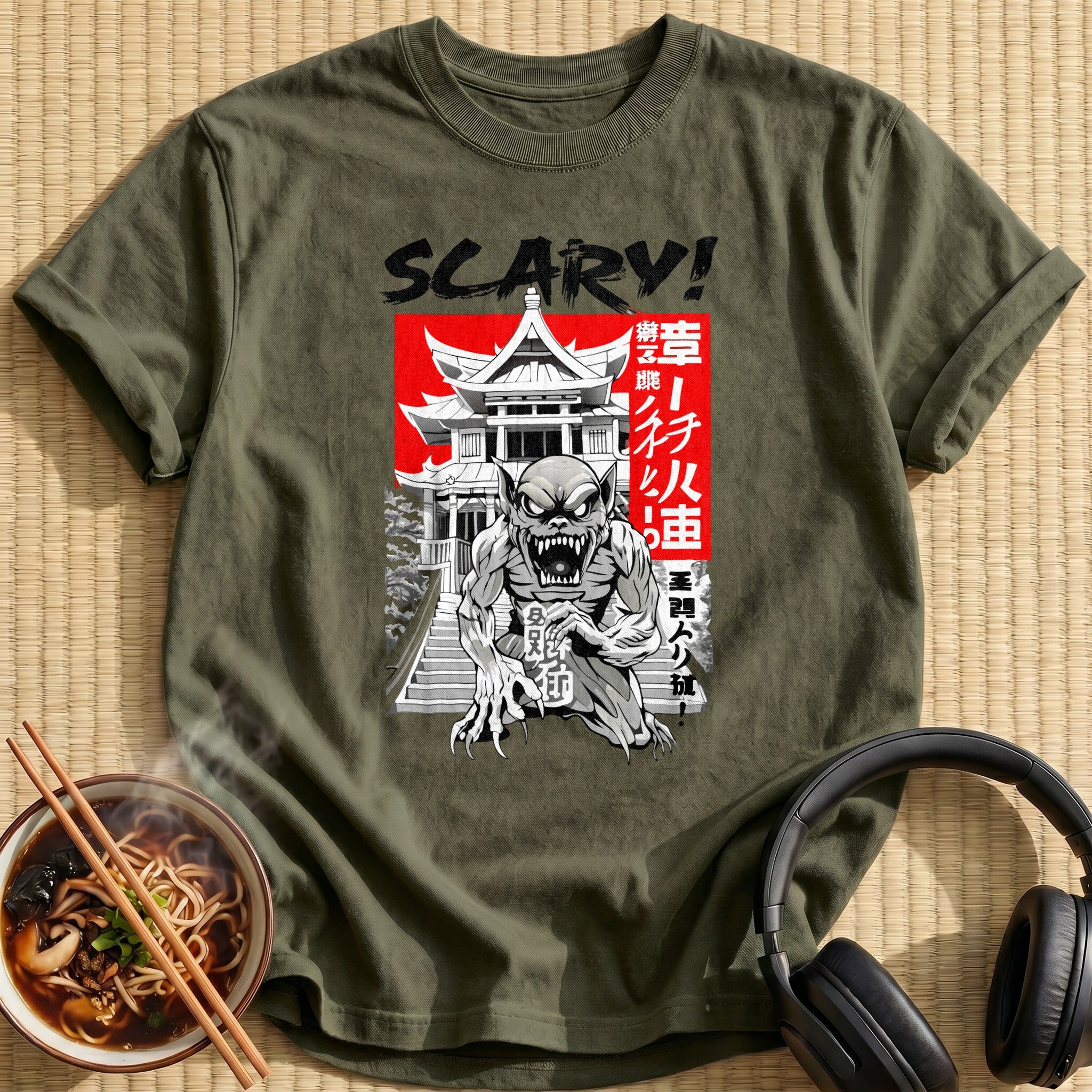 Scary Snarling Goblin Temple Scene - Military Green