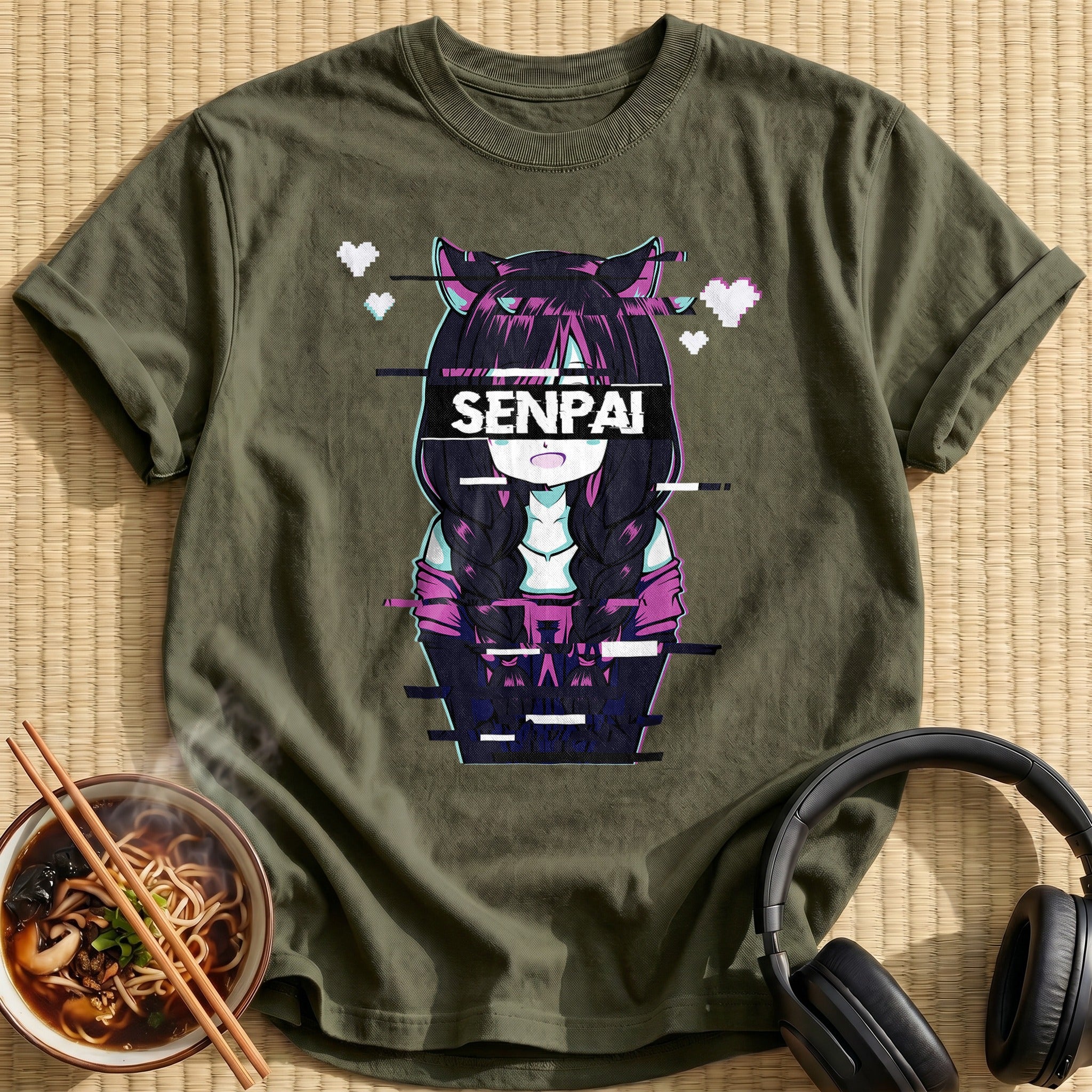 Senpai Cat Girl Glitch Vaporwave - Military Green