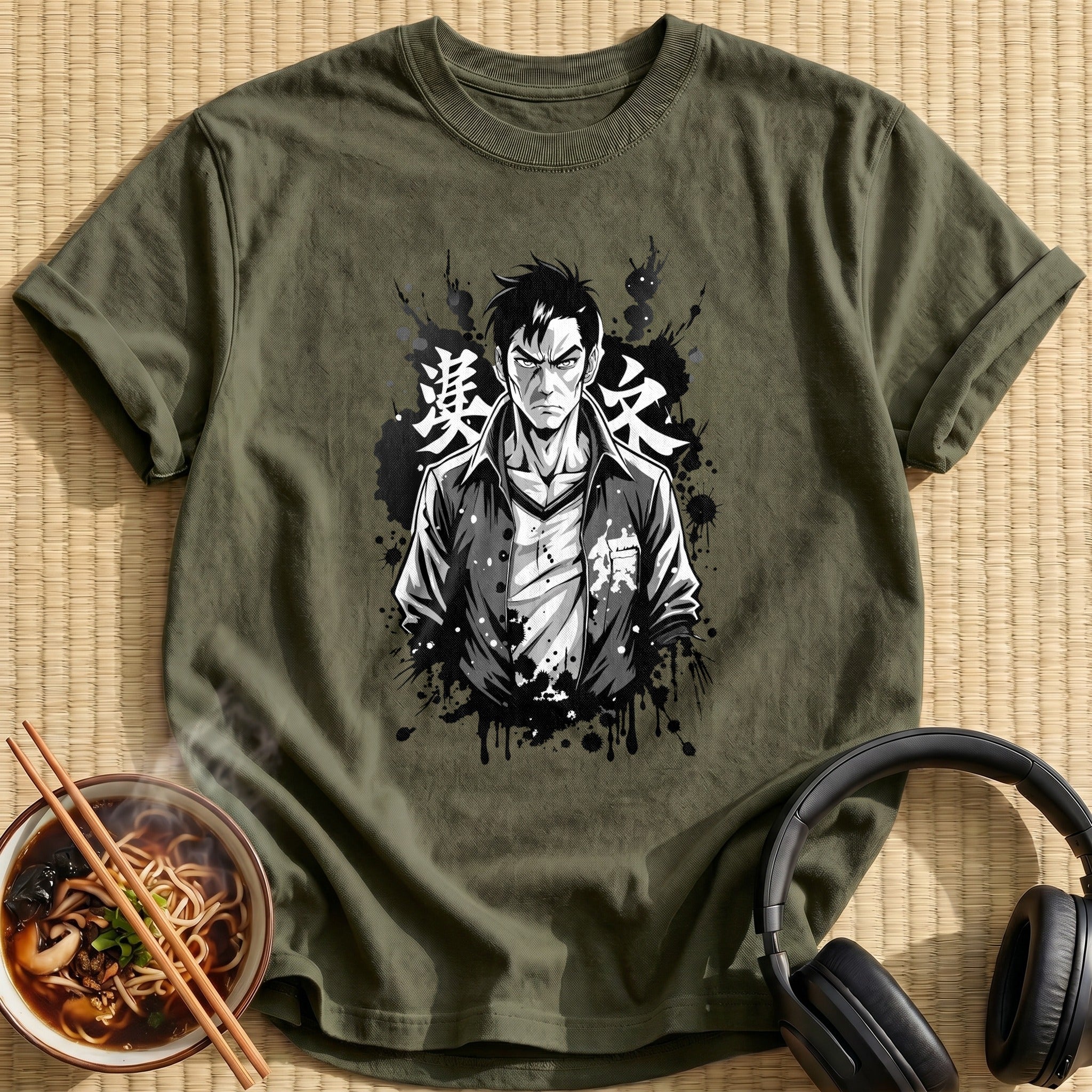 Serious Manga Man Ink Splatter - Military Green