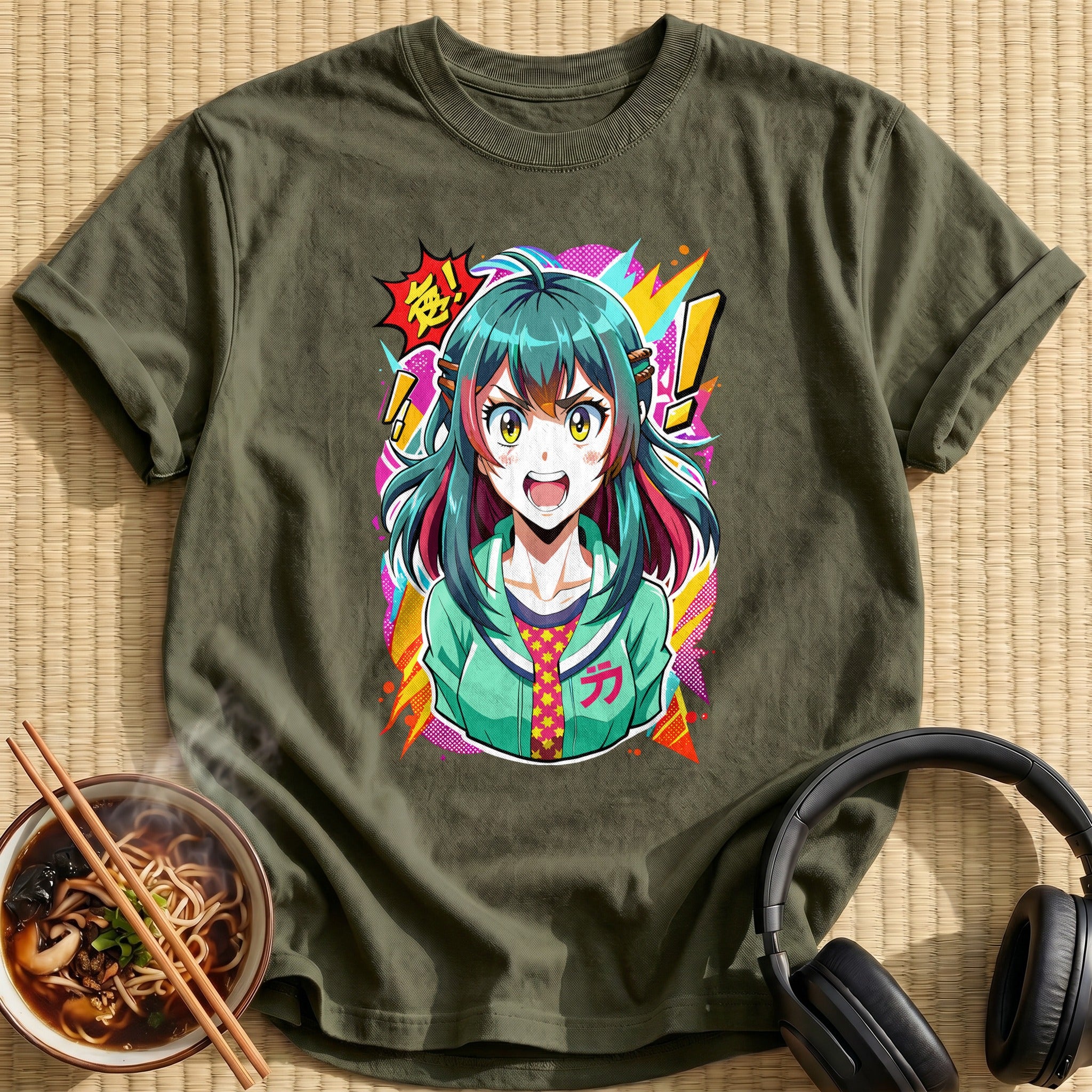 Shouting Teal Haired Anime Girl - Military Green