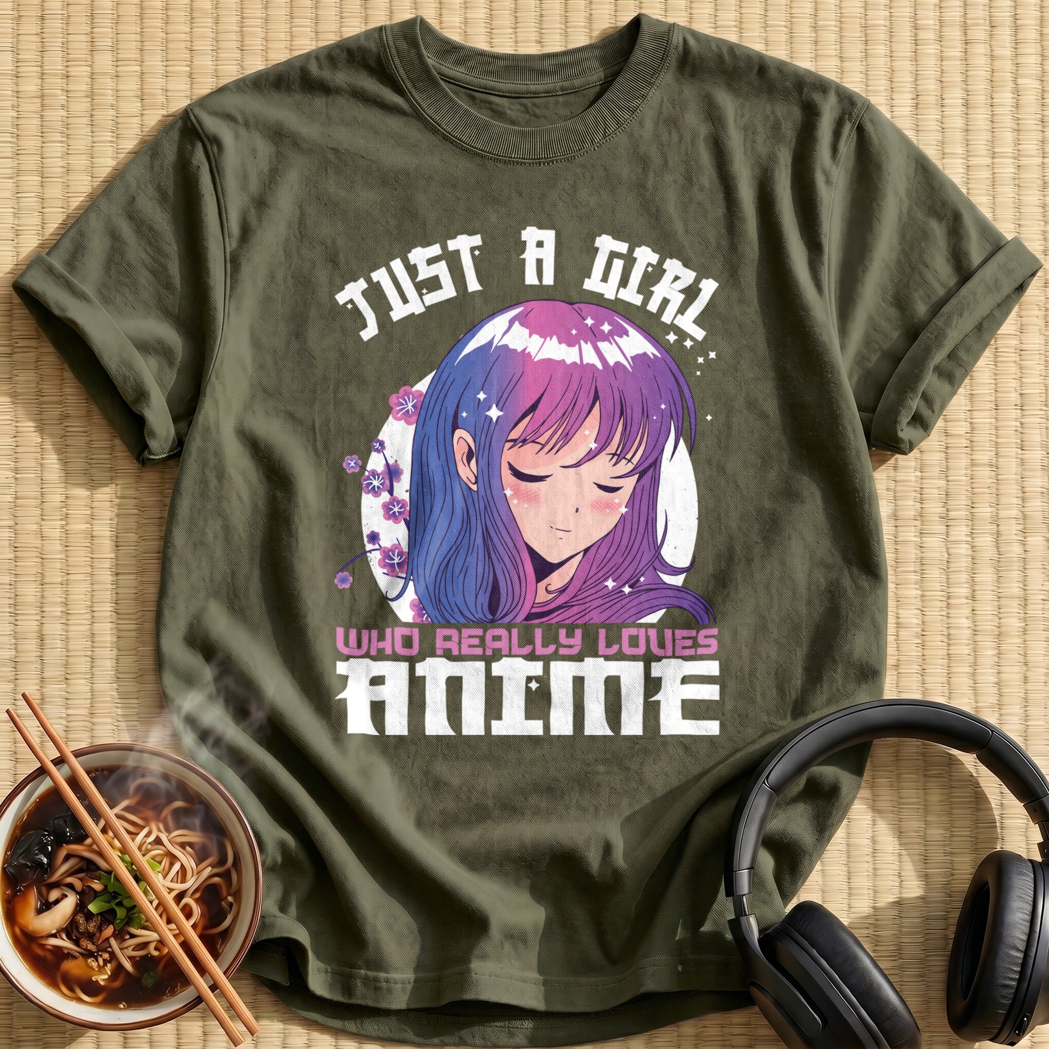 Sleepy Purple Haired Anime Girl Blossoms - Military Green