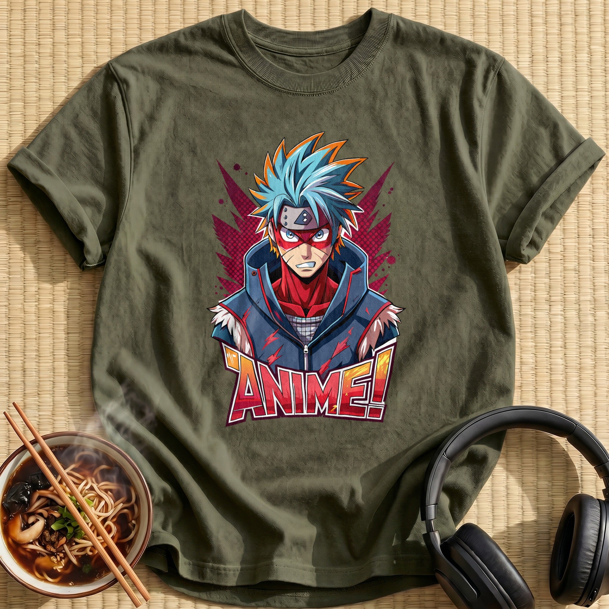Spiky Blue Haired Anime Hero - Military Green