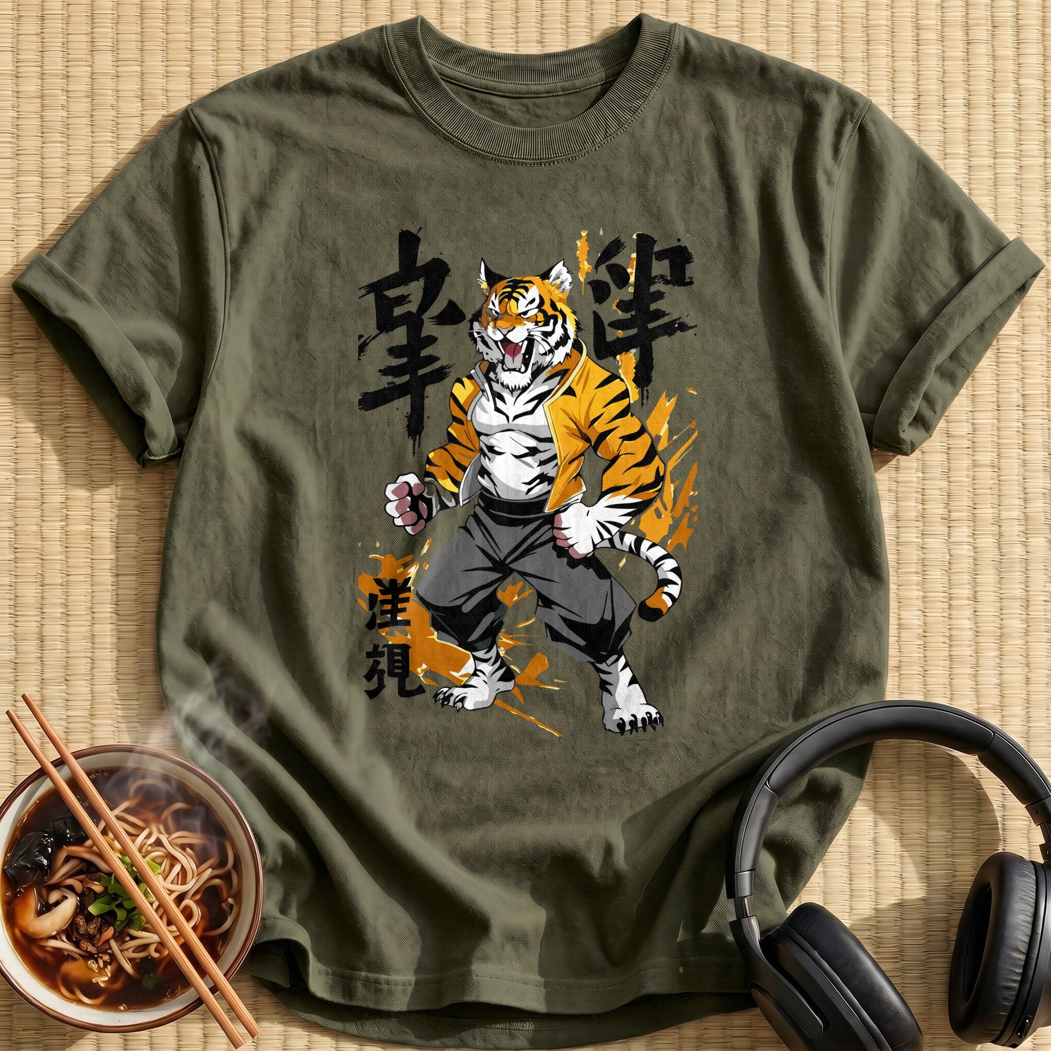 Strong Muscular Tiger Fighter Stance - Military Green