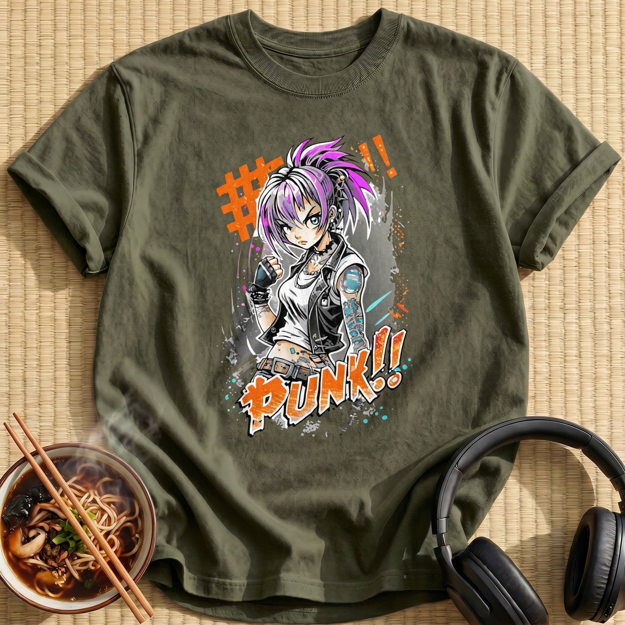 Tattooed Punk Anime Rebel Girl - Military Green
