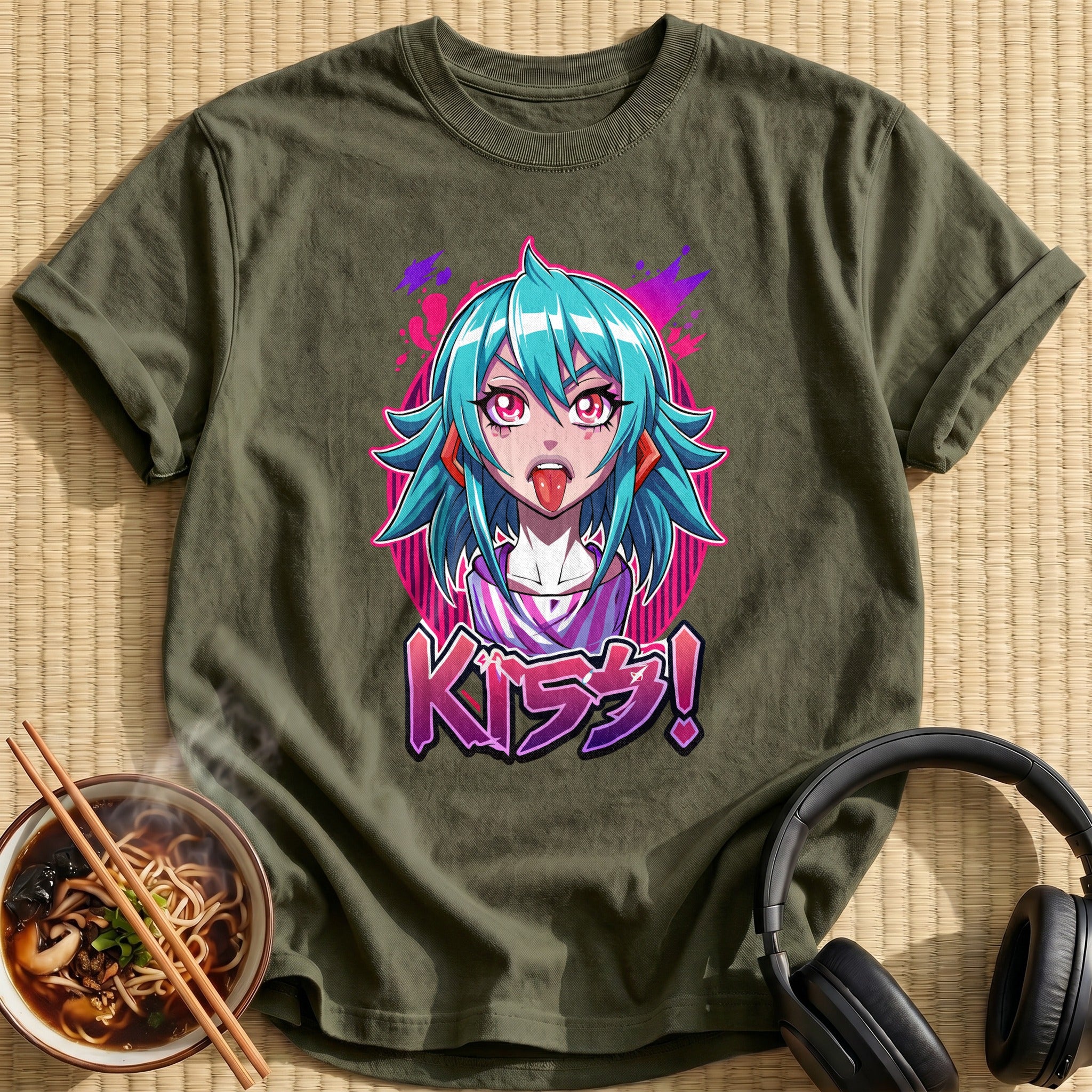 Teal Hair Anime Girl Kiss - Military Green